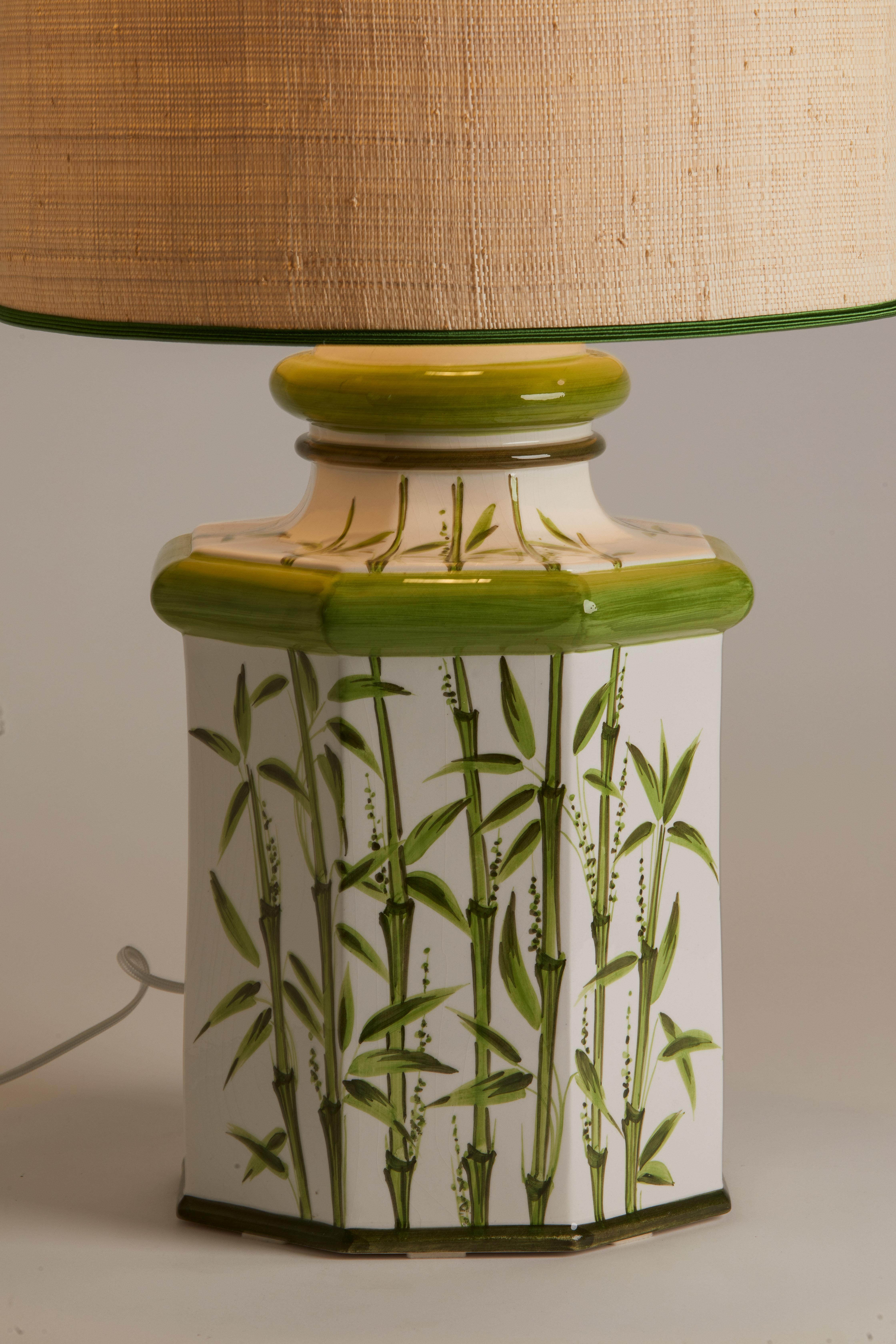 Italian 1970's Bamboo Motif Pottery Lamp with Custom Shade In Good Condition For Sale In Aspen, CO