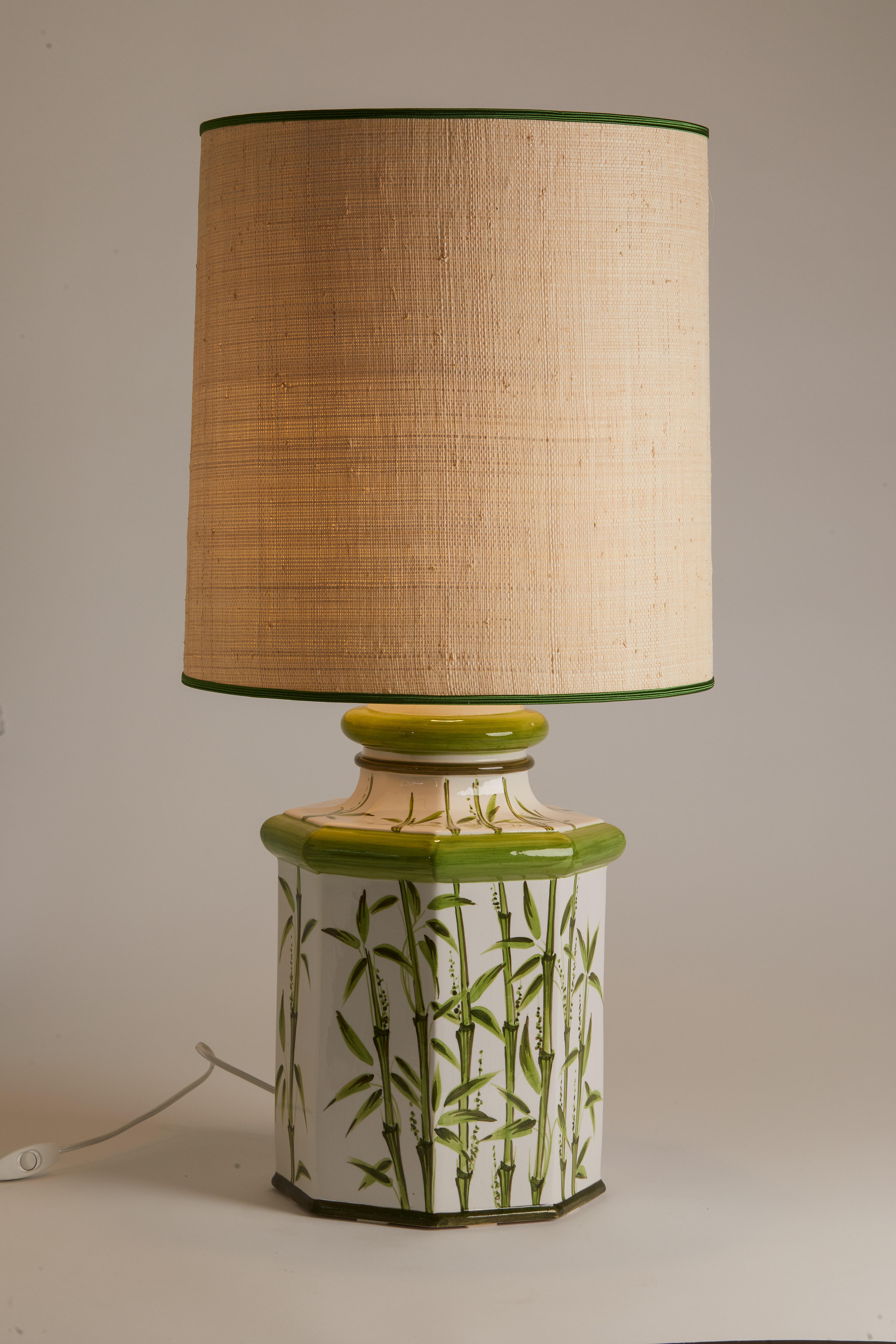 Late 20th Century Italian 1970's Bamboo Motif Pottery Lamp with Custom Shade For Sale
