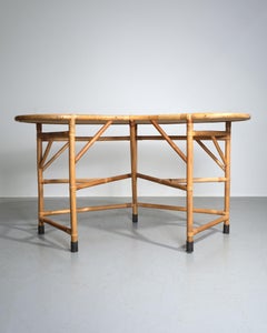Italian 1970s Bamboo, Woven Wicker and Brass Curved Desk