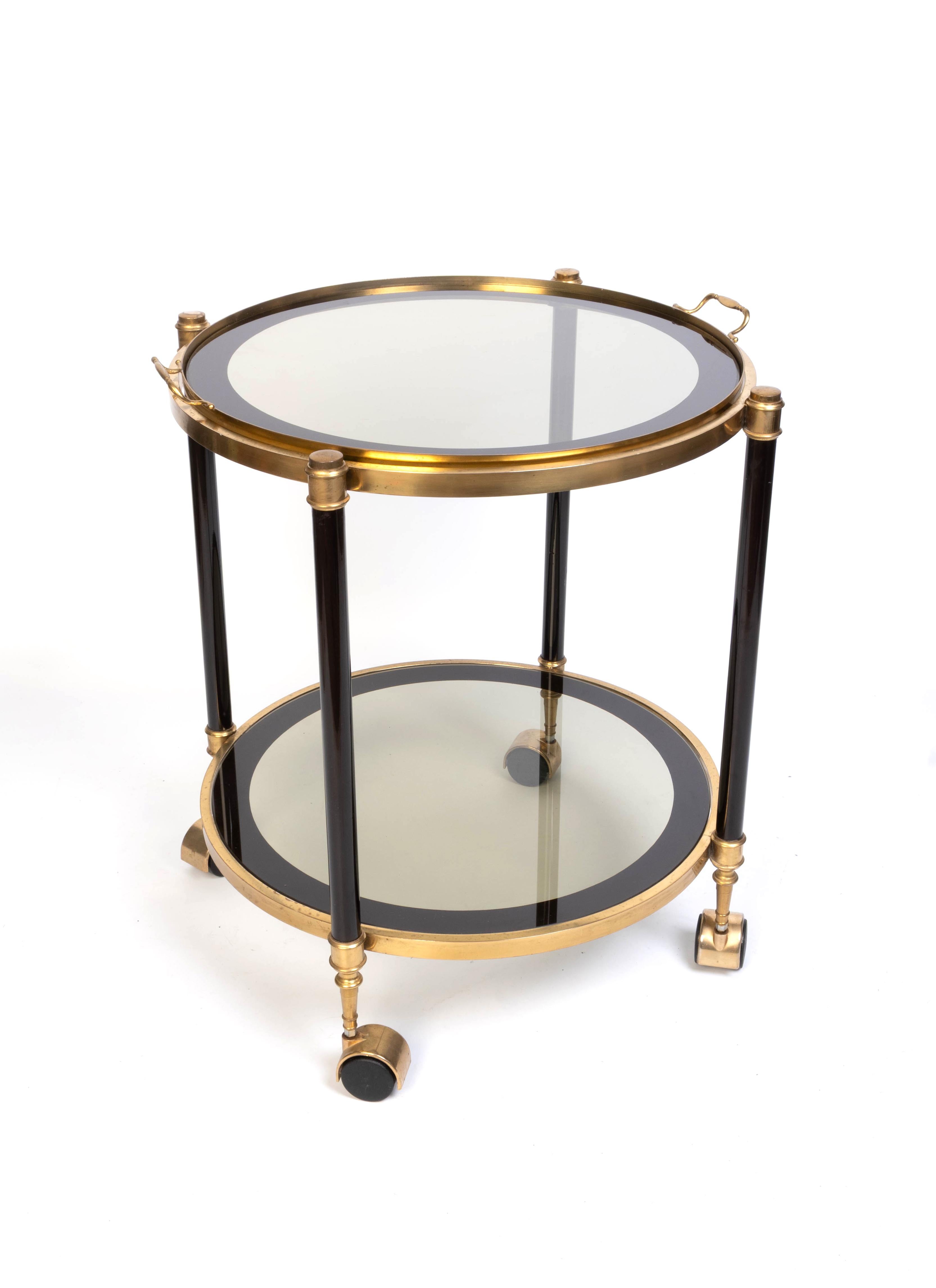 Italian 1970's Brass And black Enamel Circular Bar Cart Drinks Trolley For Sale 11