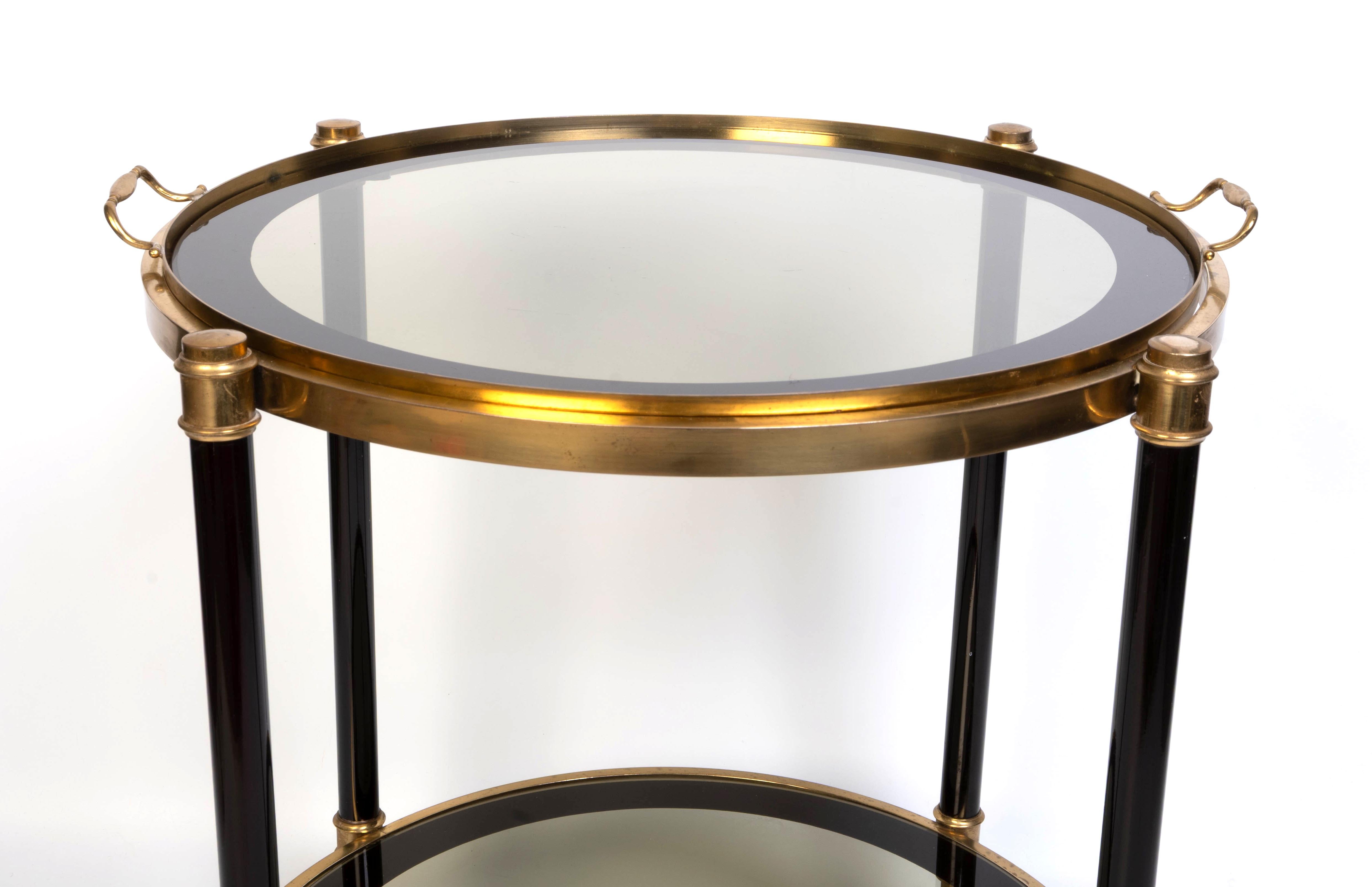 Mid-Century Modern Italian 1970's Brass And black Enamel Circular Bar Cart Drinks Trolley For Sale