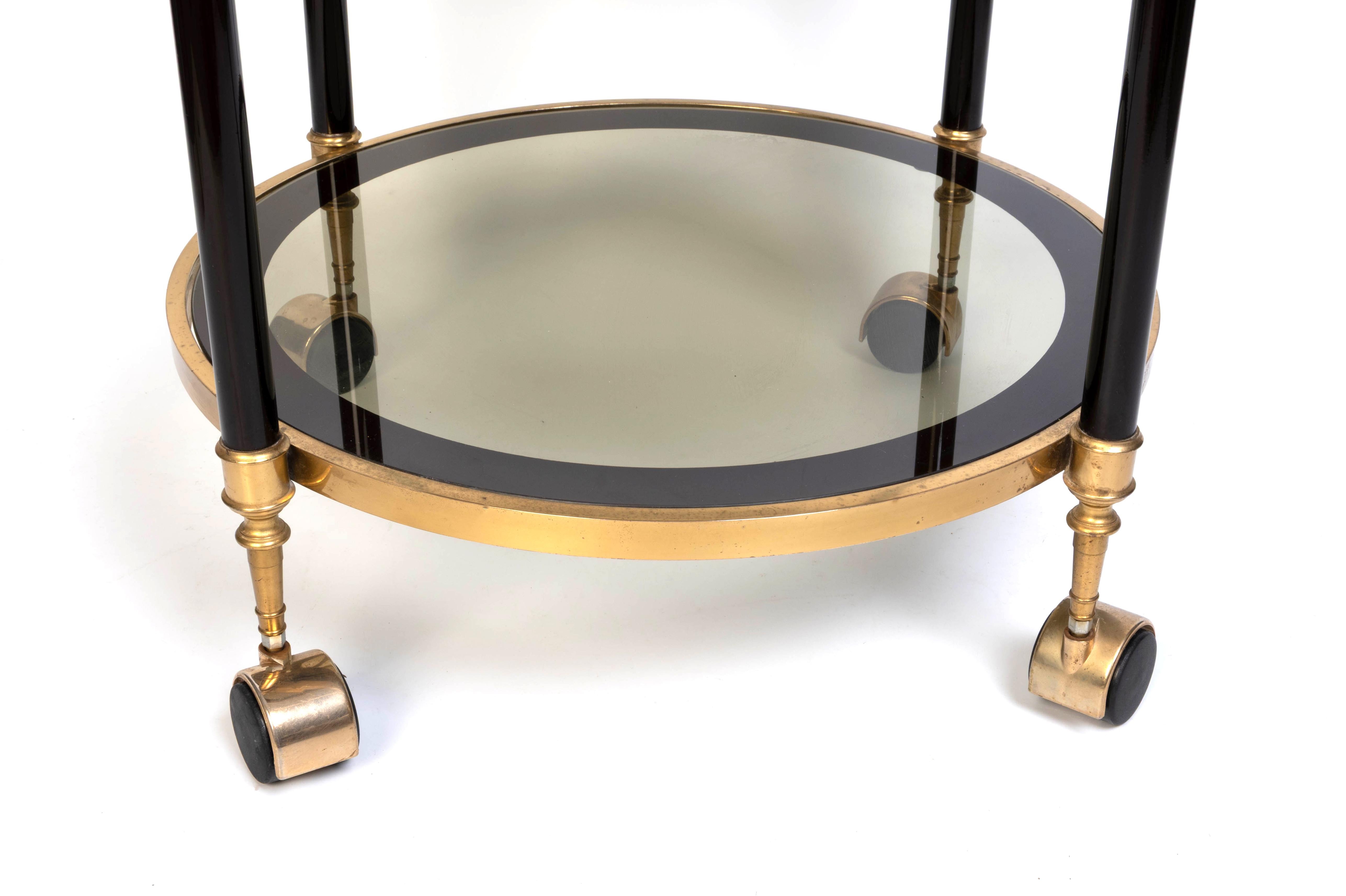 Italian 1970's Brass And black Enamel Circular Bar Cart Drinks Trolley In Good Condition For Sale In London, GB