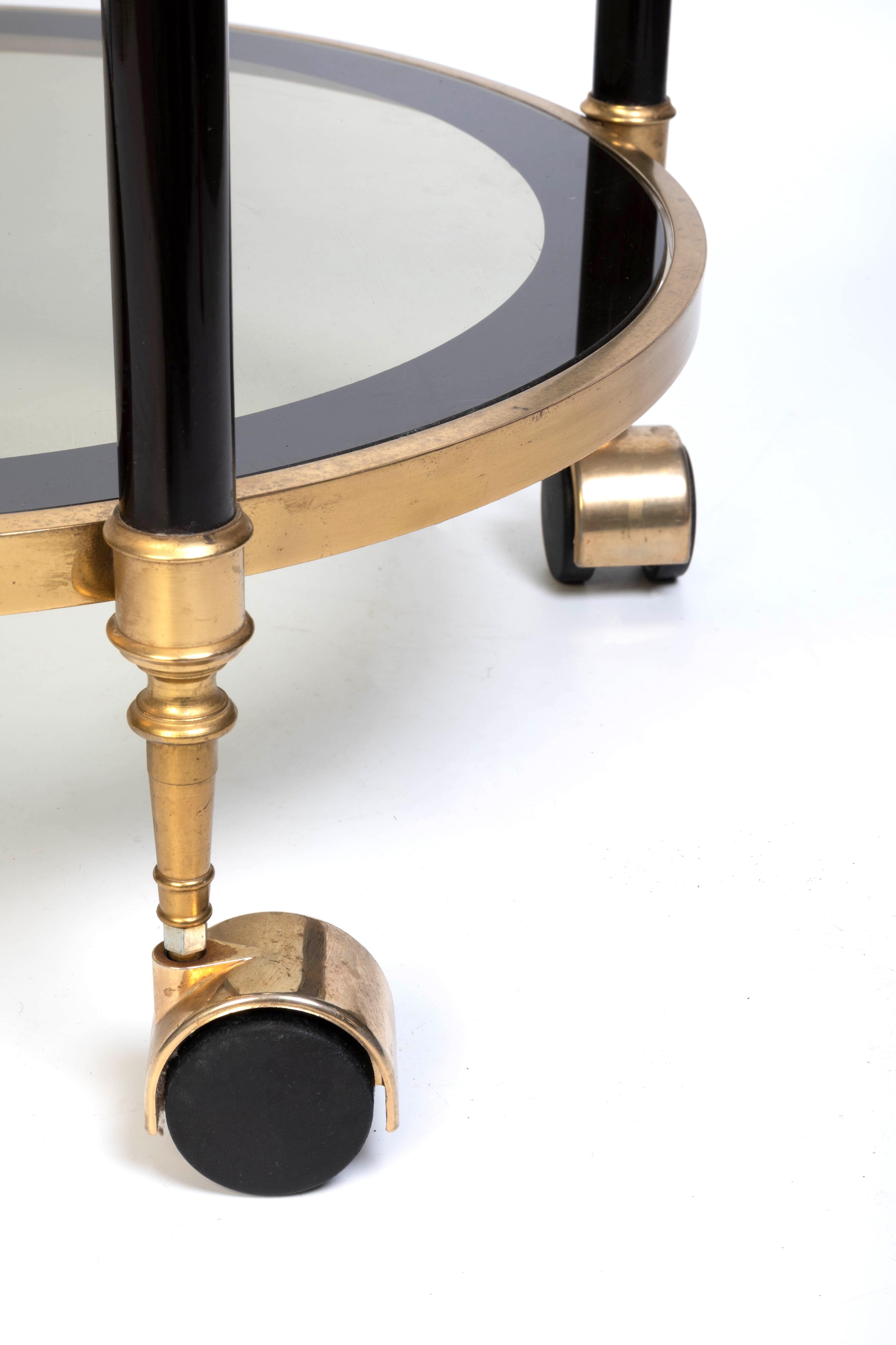 Late 20th Century Italian 1970's Brass And black Enamel Circular Bar Cart Drinks Trolley For Sale