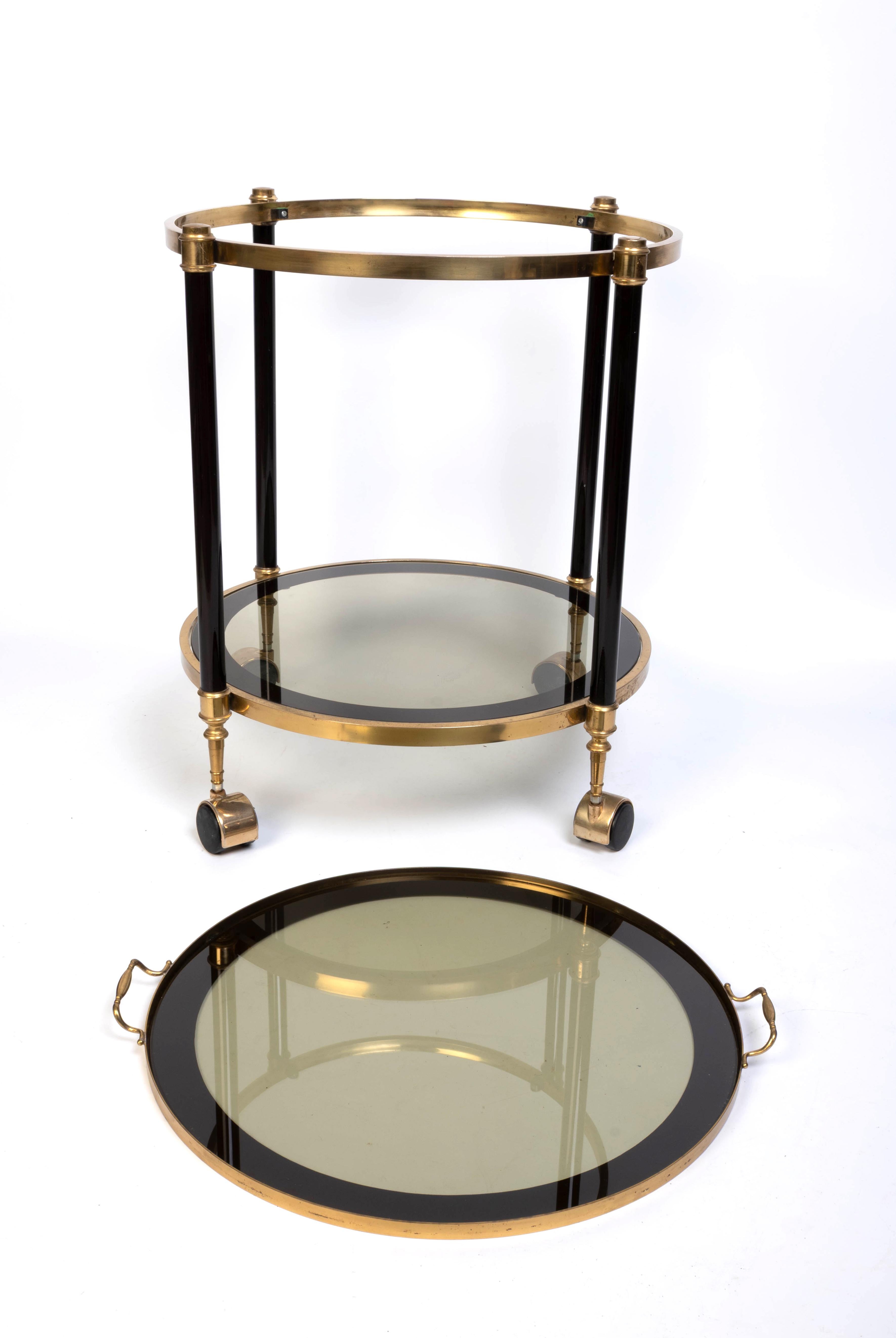 Italian 1970's Brass And black Enamel Circular Bar Cart Drinks Trolley For Sale 1