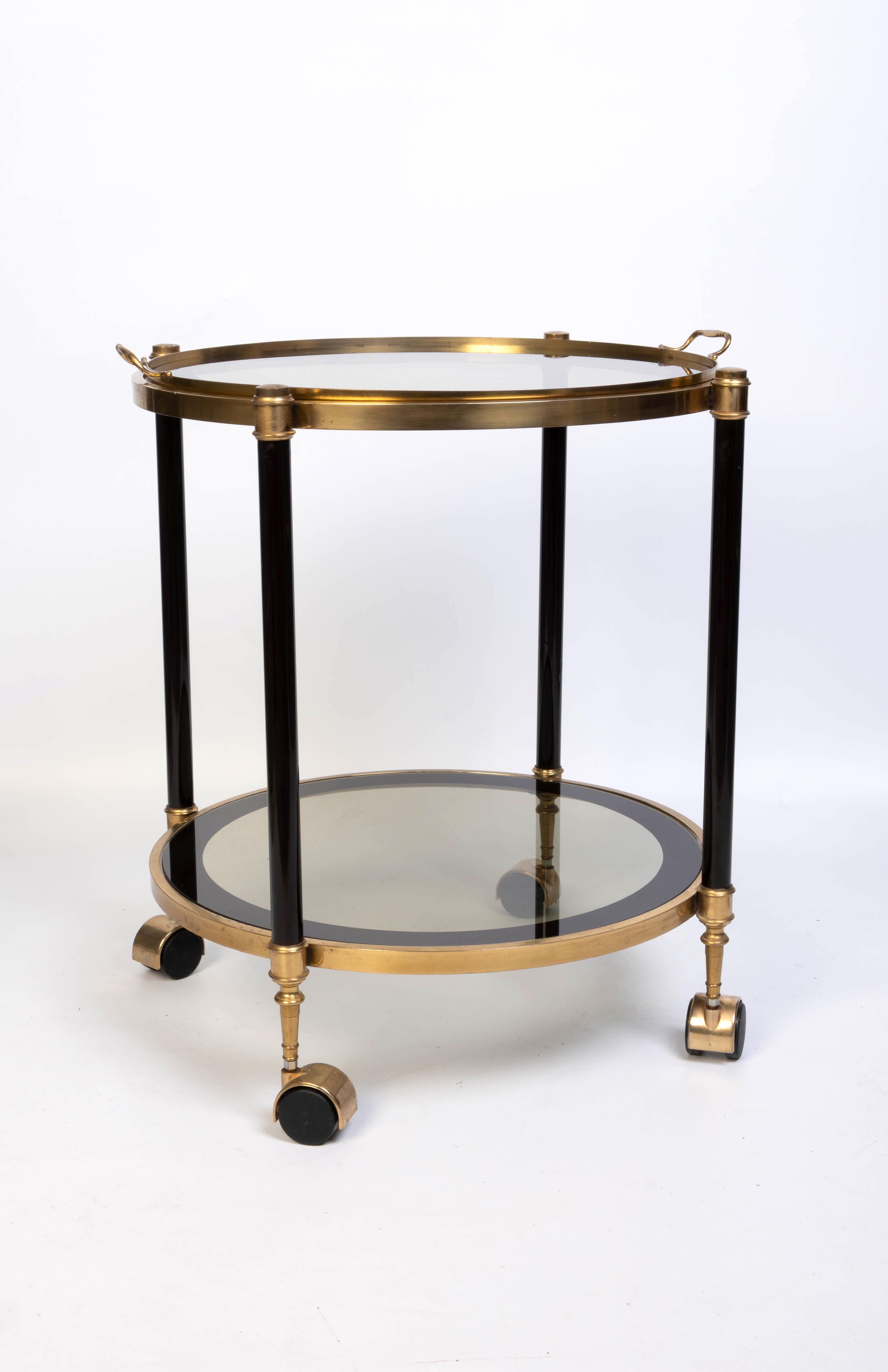 Italian 1970's Brass And black Enamel Circular Bar Cart Drinks Trolley For Sale 3
