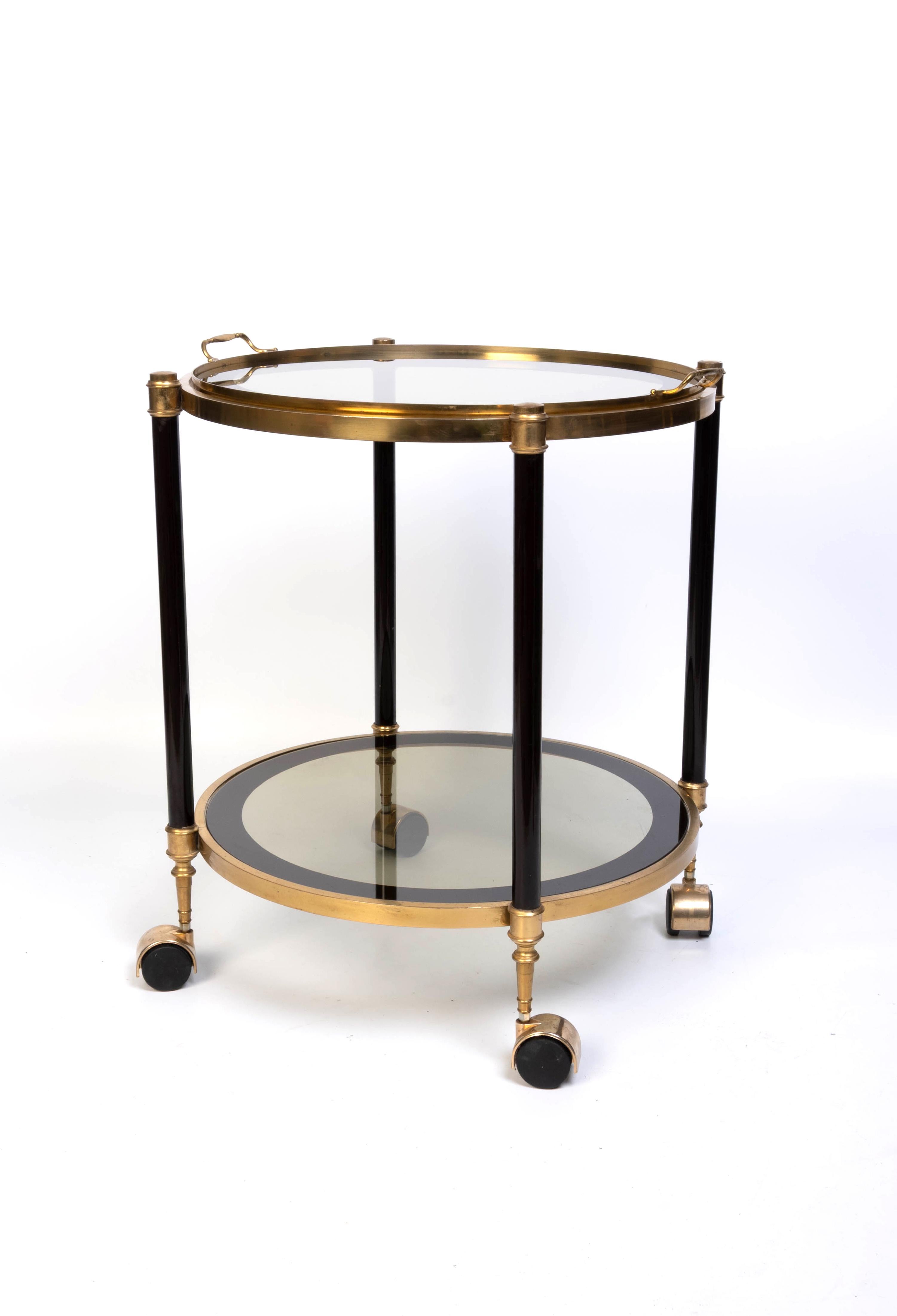 Italian 1970's Brass And black Enamel Circular Bar Cart Drinks Trolley For Sale 4