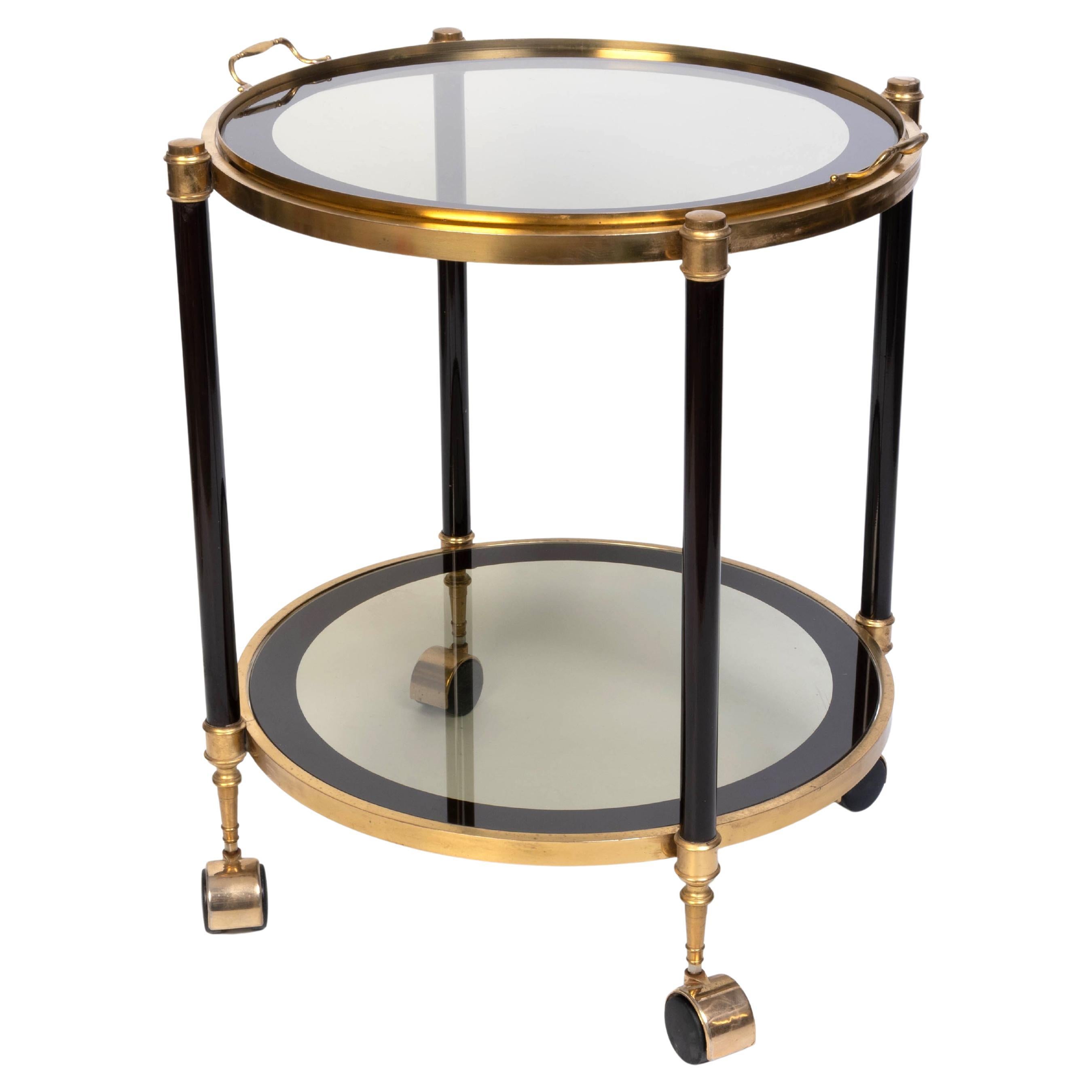 Italian 1970's Brass And black Enamel Circular Bar Cart Drinks Trolley For Sale
