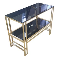 Italian 1970s Brass and Black Glass Shelves Table Console