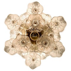 Italian 1970s Brass and Glass Floral Ceiling Mount Light Fixture