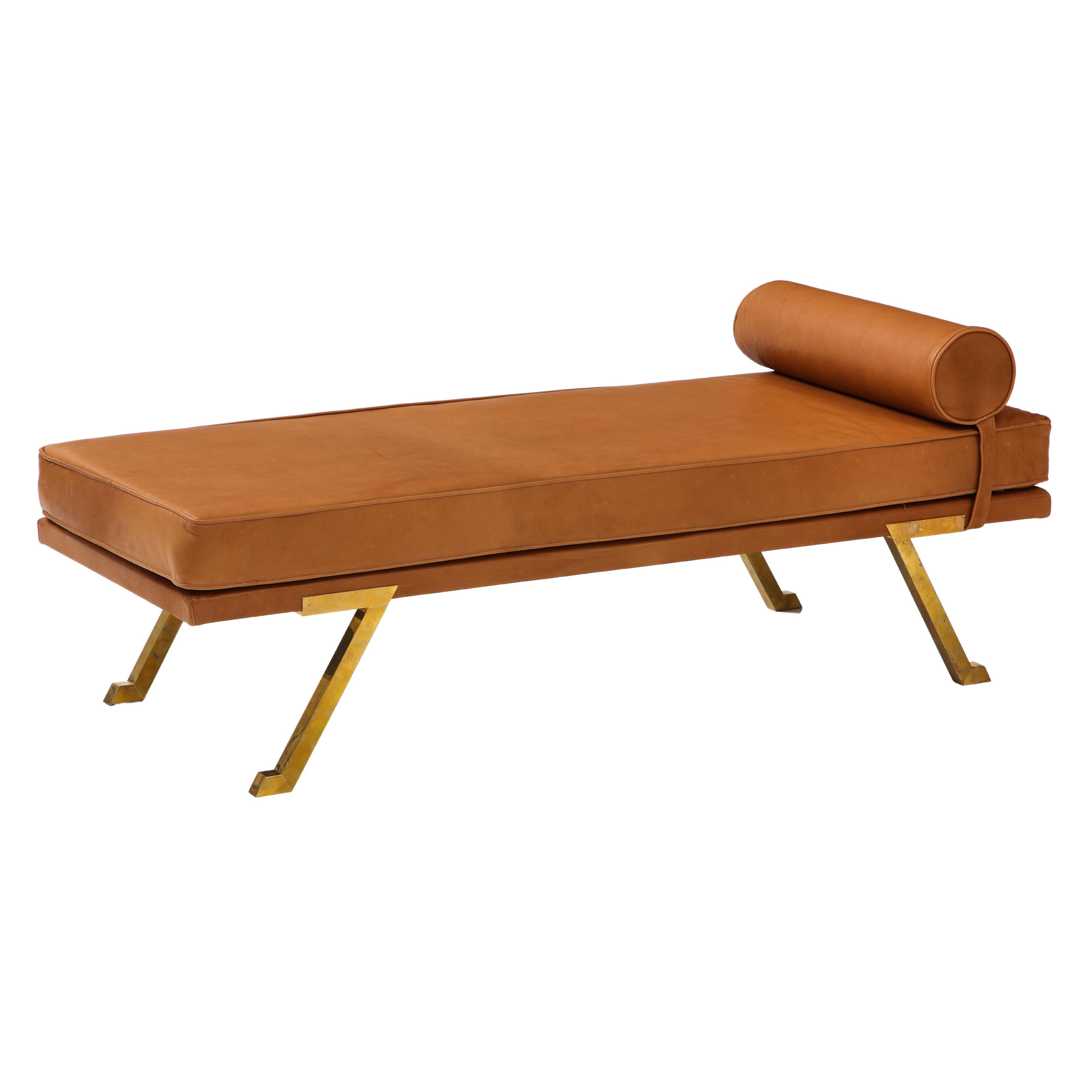 Italian 1970's Brass and Leather Day Bed or Chaise Longues