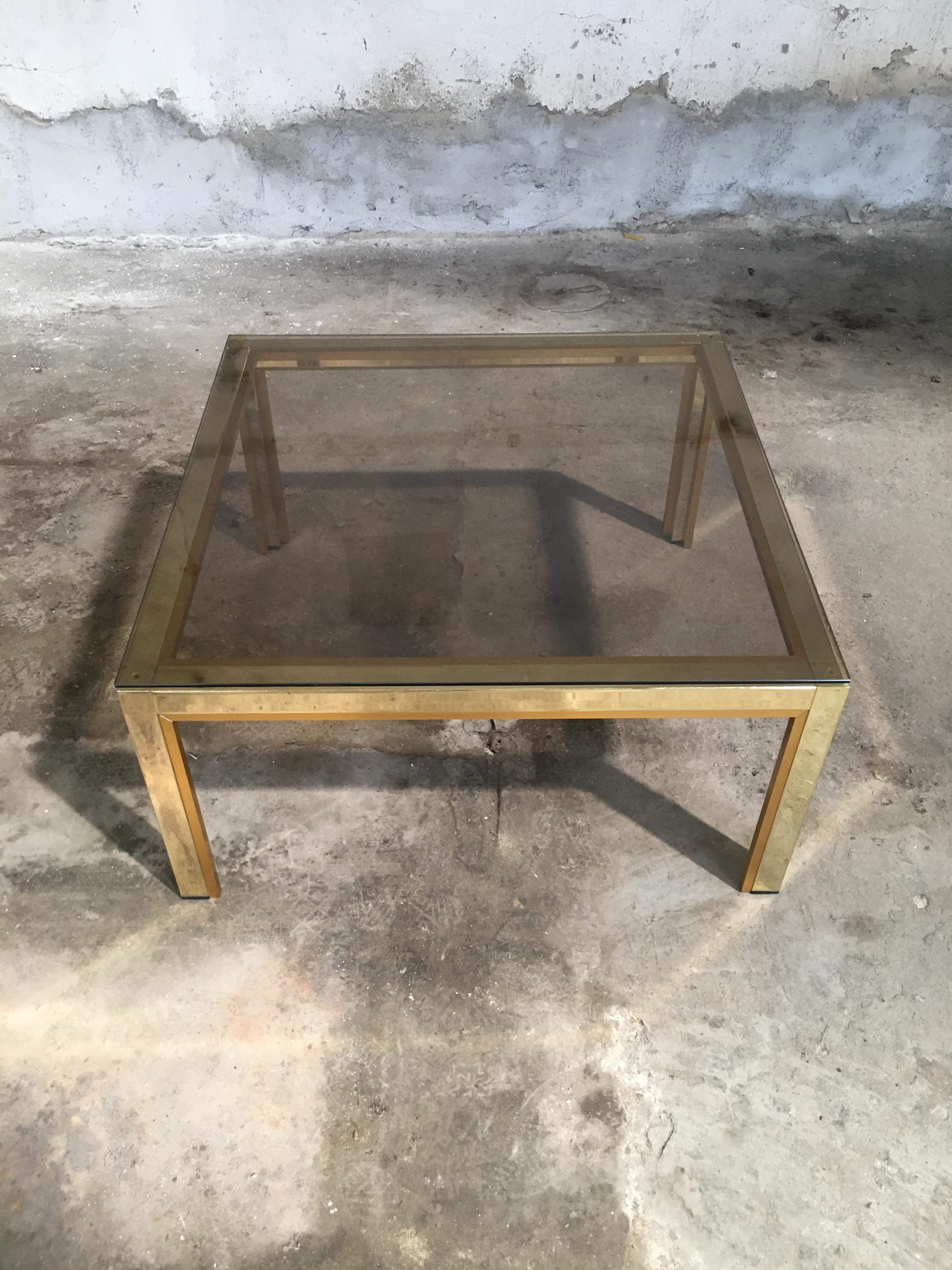 Late 20th Century Italian 1970s Brass and Metal Side or Coffee Table with Smoked Glass Top