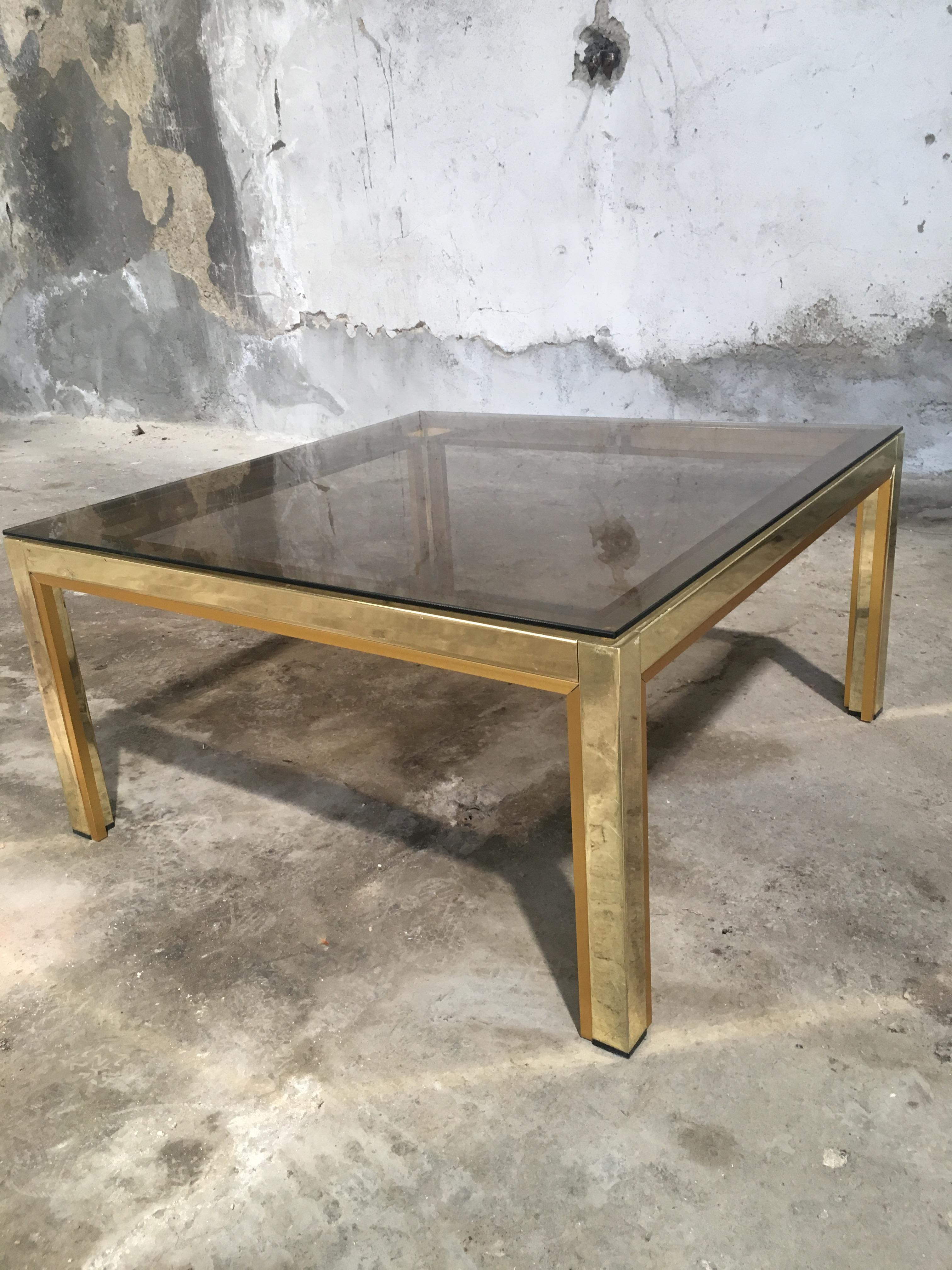 Italian 1970s Brass and Metal Side or Coffee Table with Smoked Glass Top 1