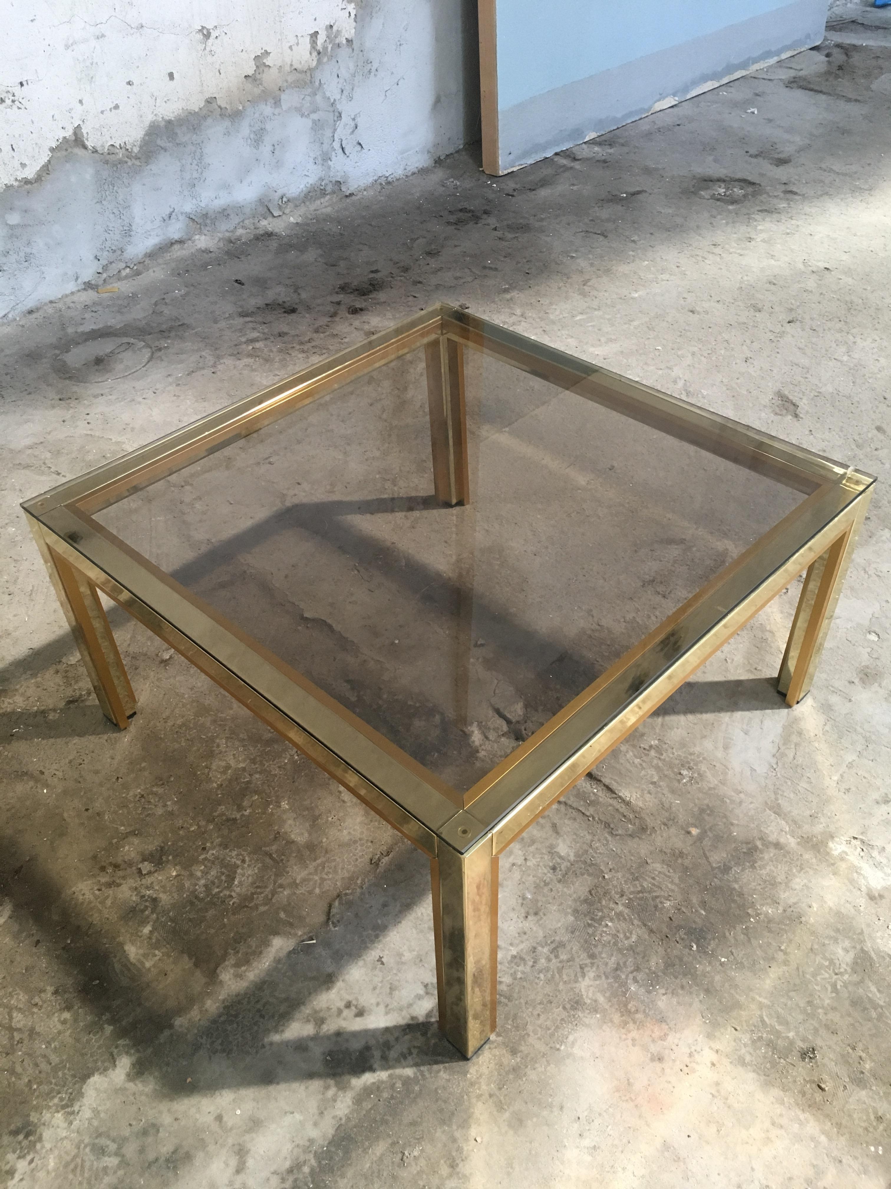 Italian 1970s Brass and Metal Side or Coffee Table with Smoked Glass Top 2