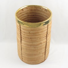 Italian 1970s Brass and Rattan Bamboo Wicker Planter or Umbrella Stand