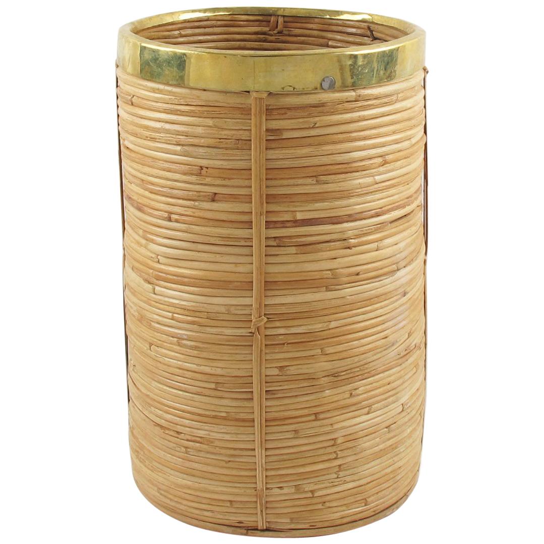 Italian 1970s Brass and Rattan Bamboo Wicker Planter or Umbrella Stand
