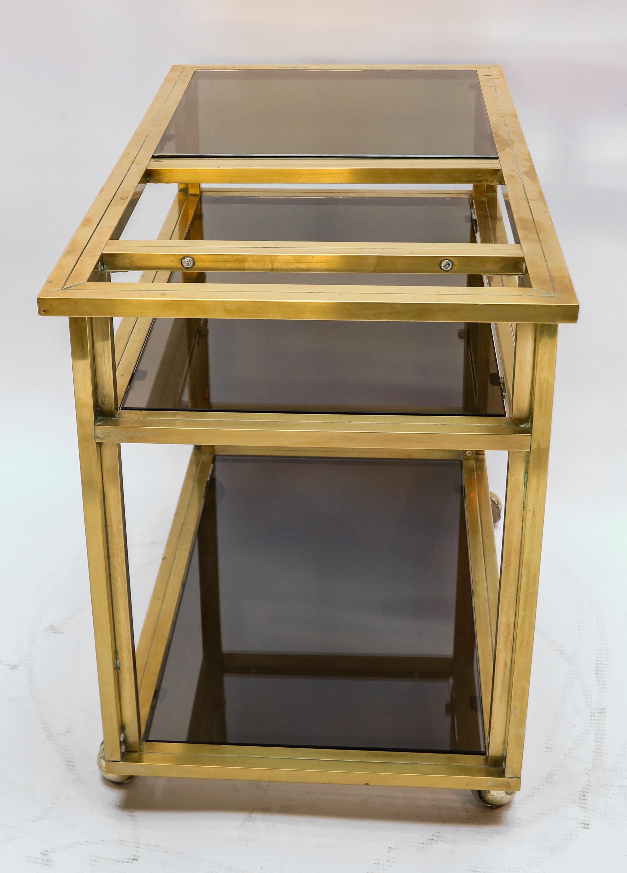 Mid-Century Modern Italian 1970s Brass Bar Cart with Three Smoked Glass Shelves For Sale