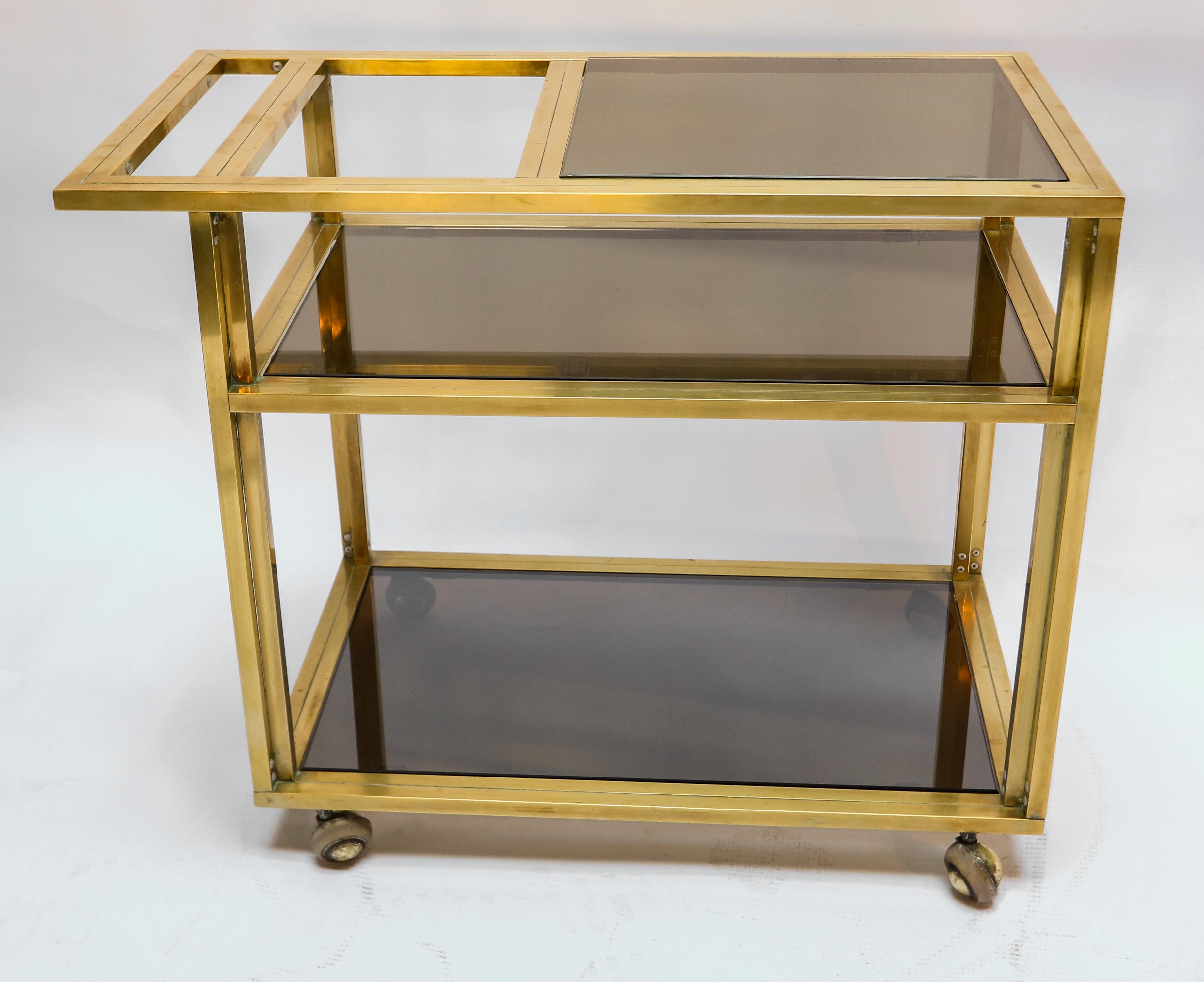 Italian 1970s Brass Bar Cart with Three Smoked Glass Shelves In Good Condition For Sale In Los Angeles, CA