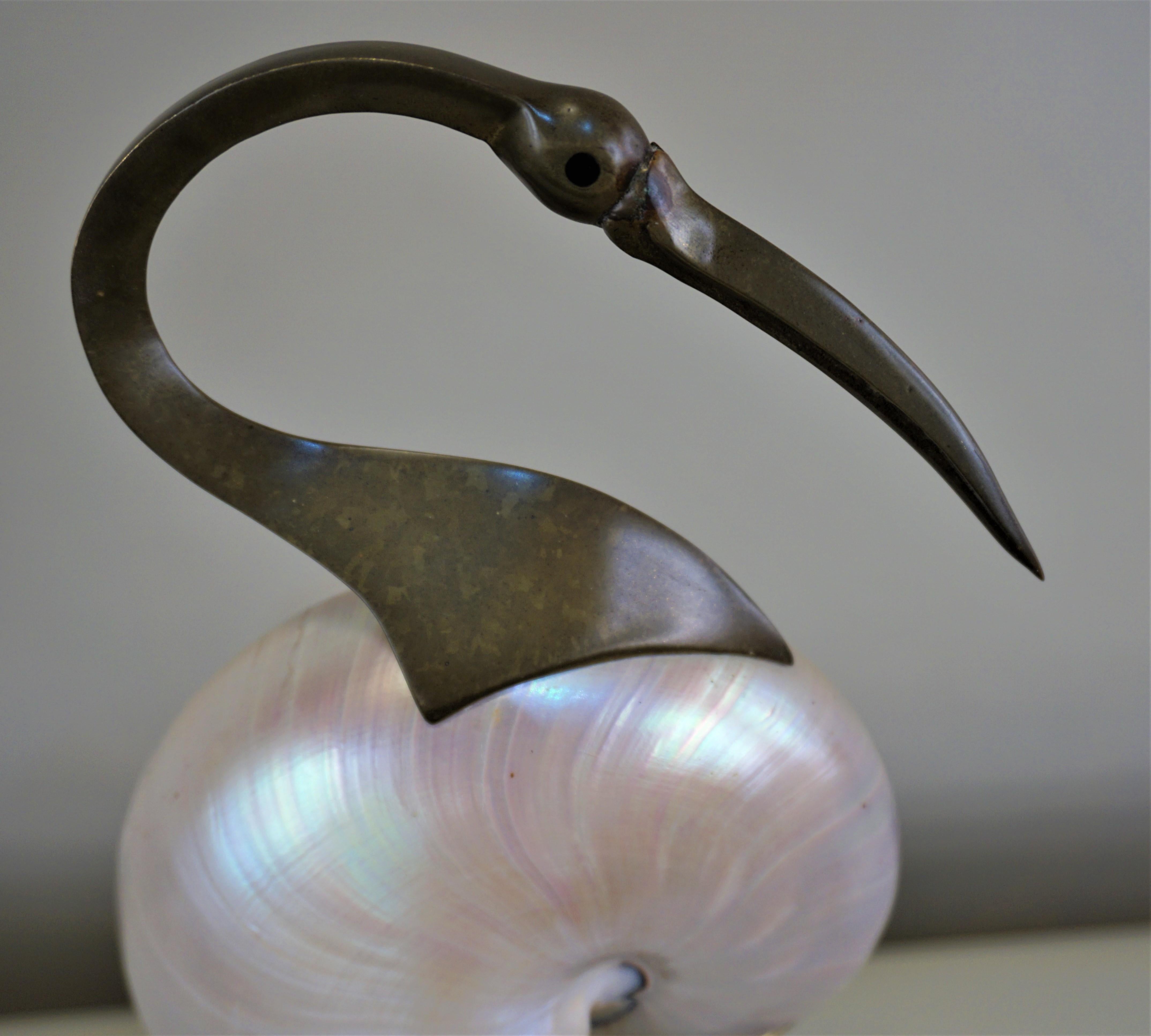 Late 20th Century Italian 1970s Bronze and Shell Bird Sculpture