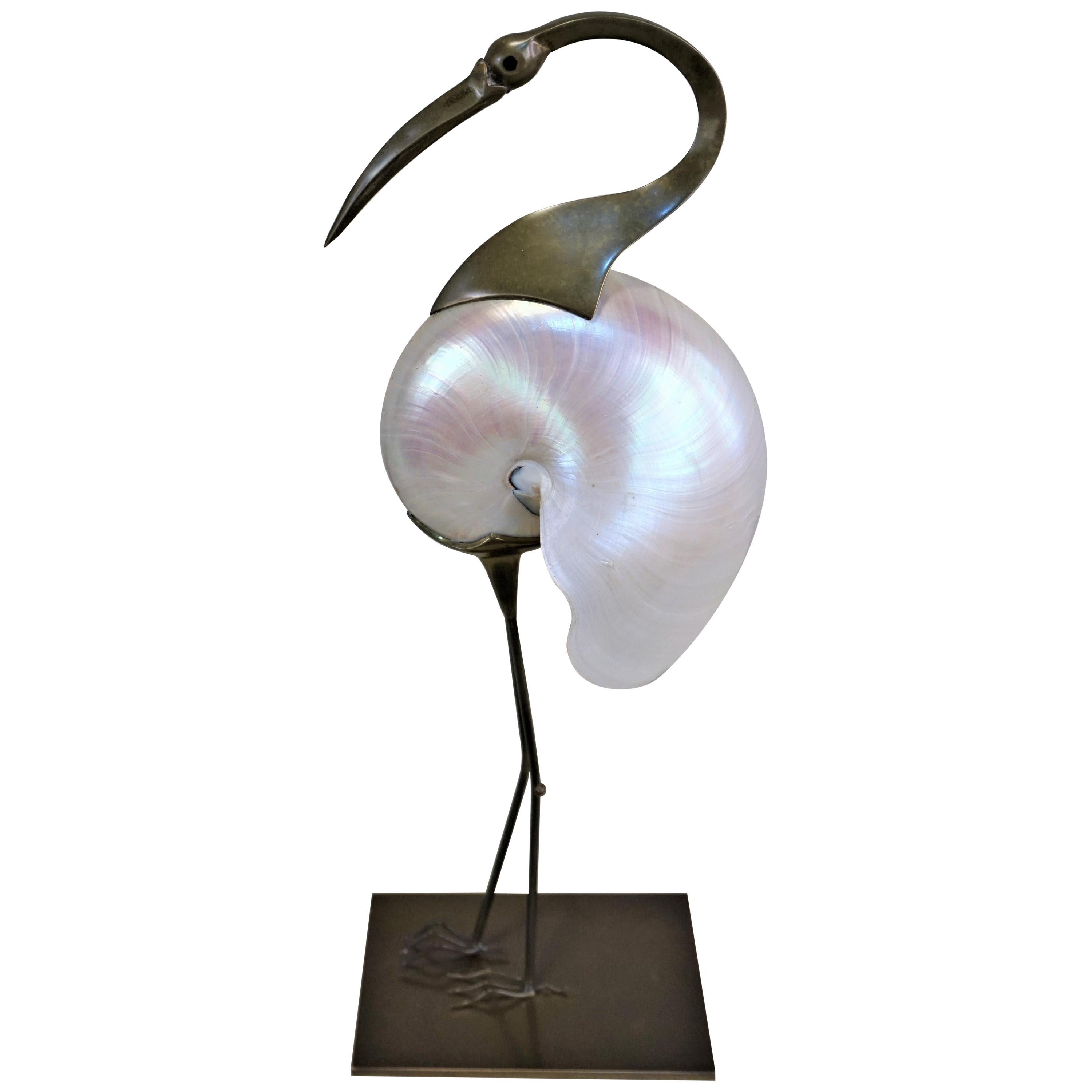 Italian 1970s Bronze and Shell Bird Sculpture