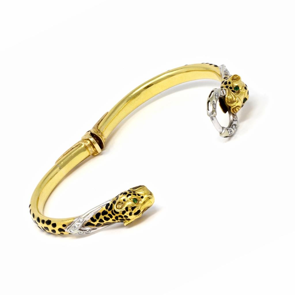 Modern Italian 1970s Cheetah Enameled Pattern Bangle with Accent Emeralds and Diamonds