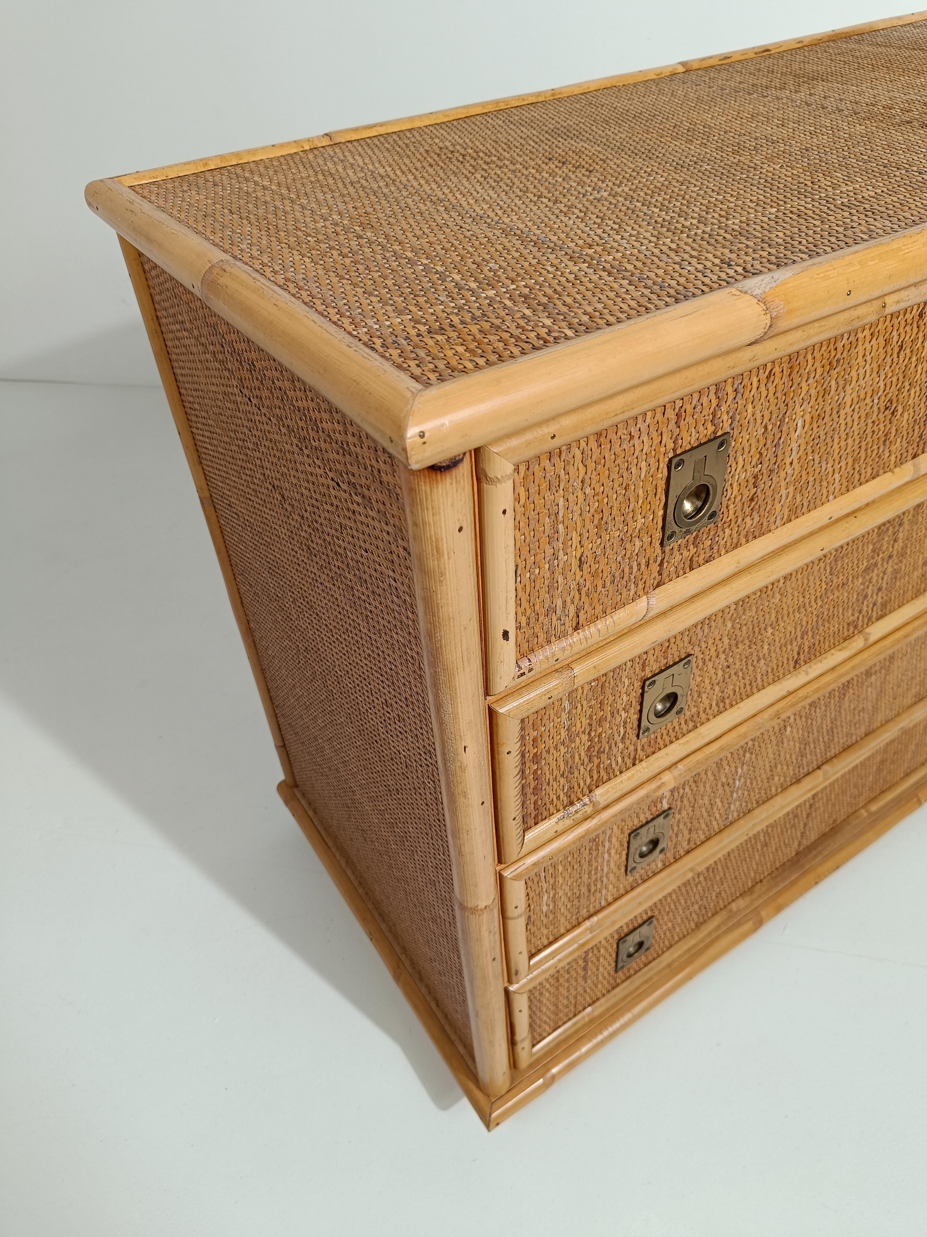 Italian 1970s Chest of Drawer with Mirror by Dal Vera in Bamboo Wicker & Brass For Sale 7