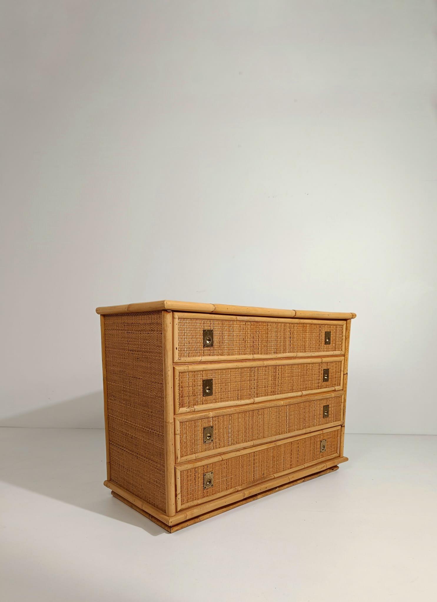 Italian 1970s Chest of Drawer with Mirror by Dal Vera in Bamboo Wicker & Brass For Sale 9