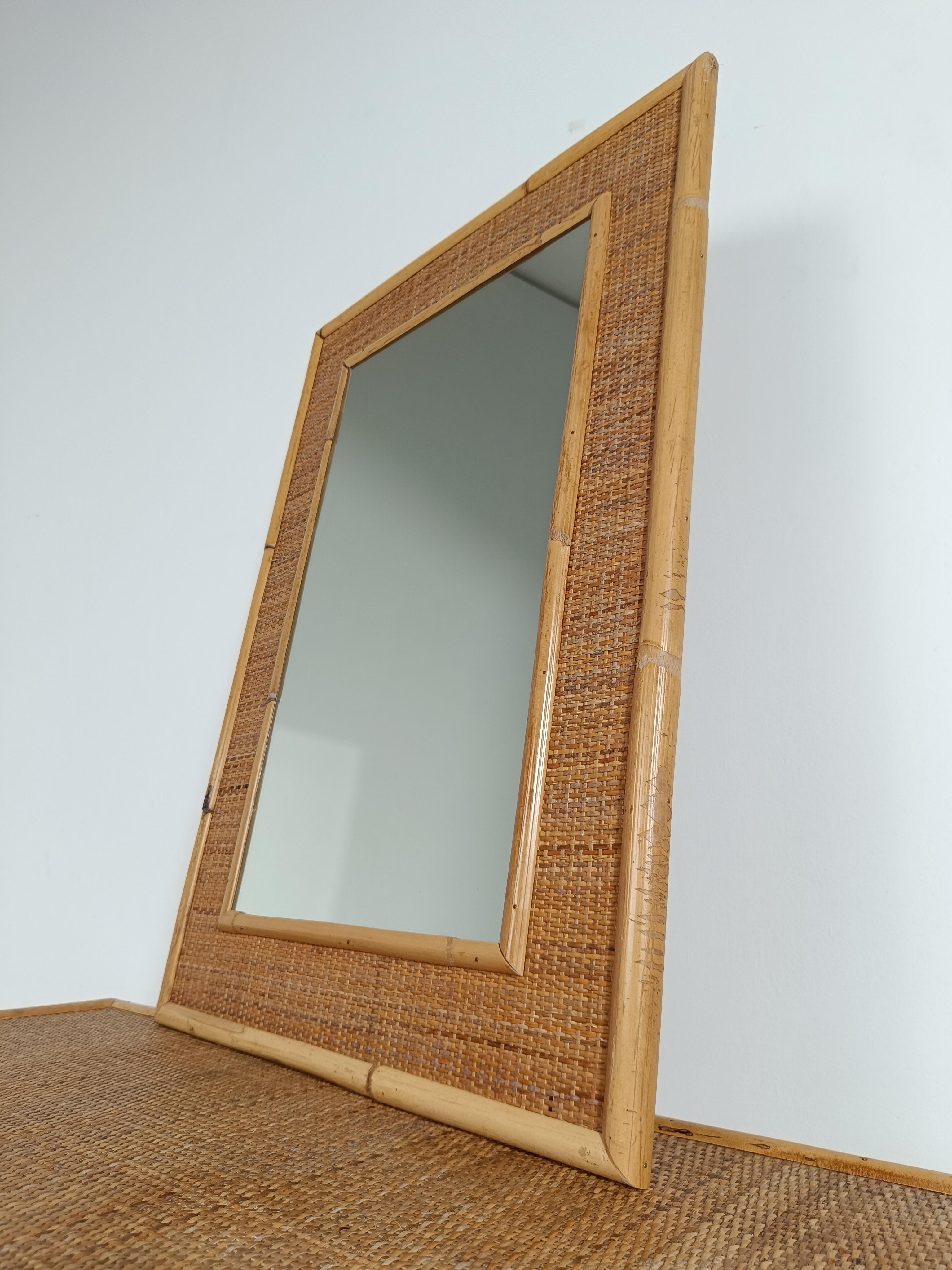 Italian 1970s Chest of Drawer with Mirror by Dal Vera in Bamboo Wicker & Brass For Sale 12