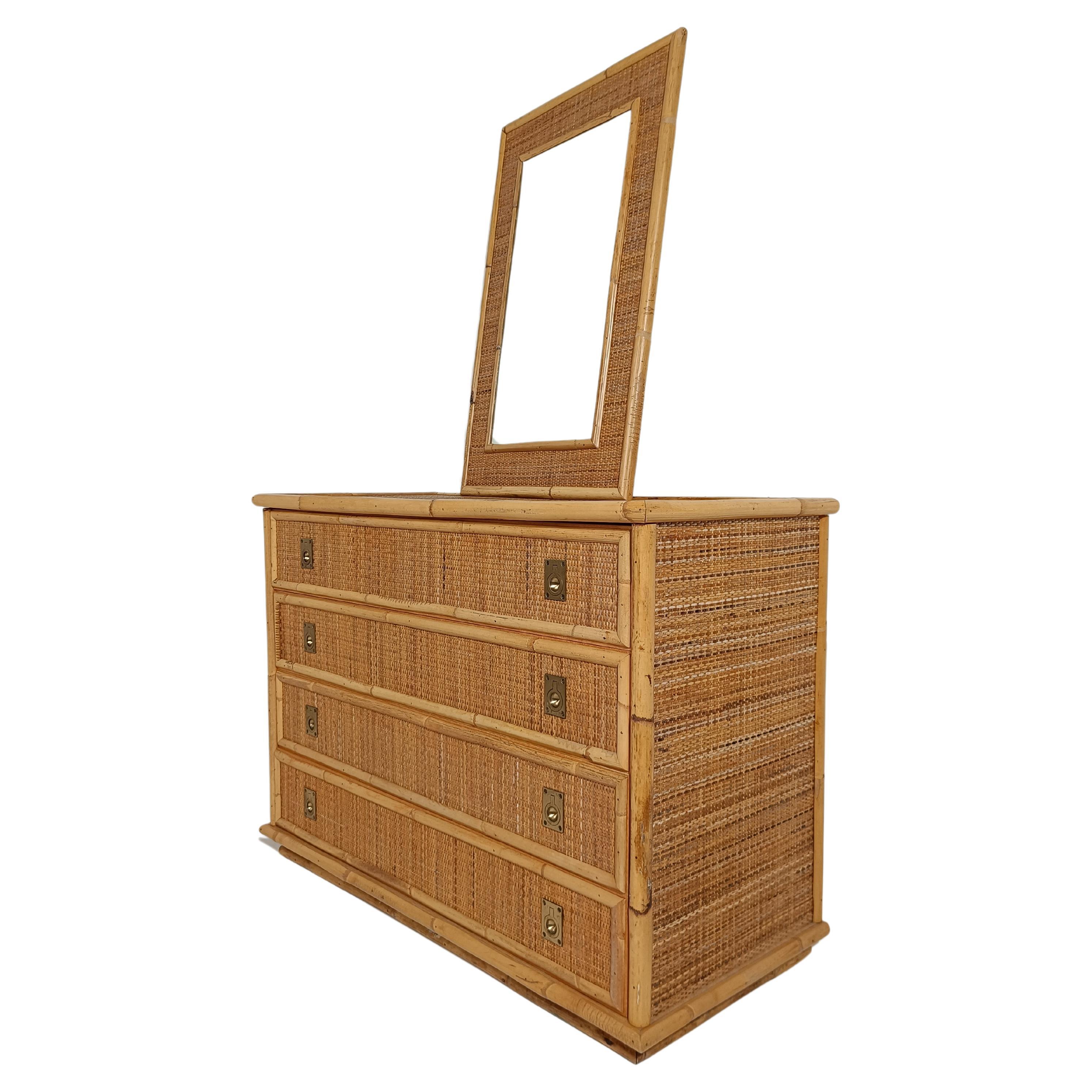 Italian 1970s Chest of Drawer with Mirror by Dal Vera in Bamboo Wicker & Brass  For Sale