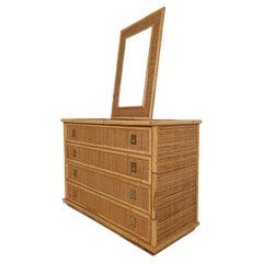 Vintage Italian 1970s Chest of Drawer with Mirror by Dal Vera in Bamboo Wicker & Brass 