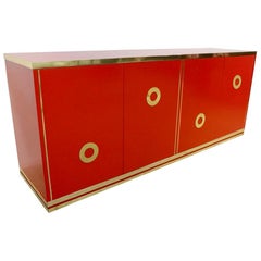 Italian 1970s Chinese Red Lacquered and Brass Asian Style Sideboard / Credenza