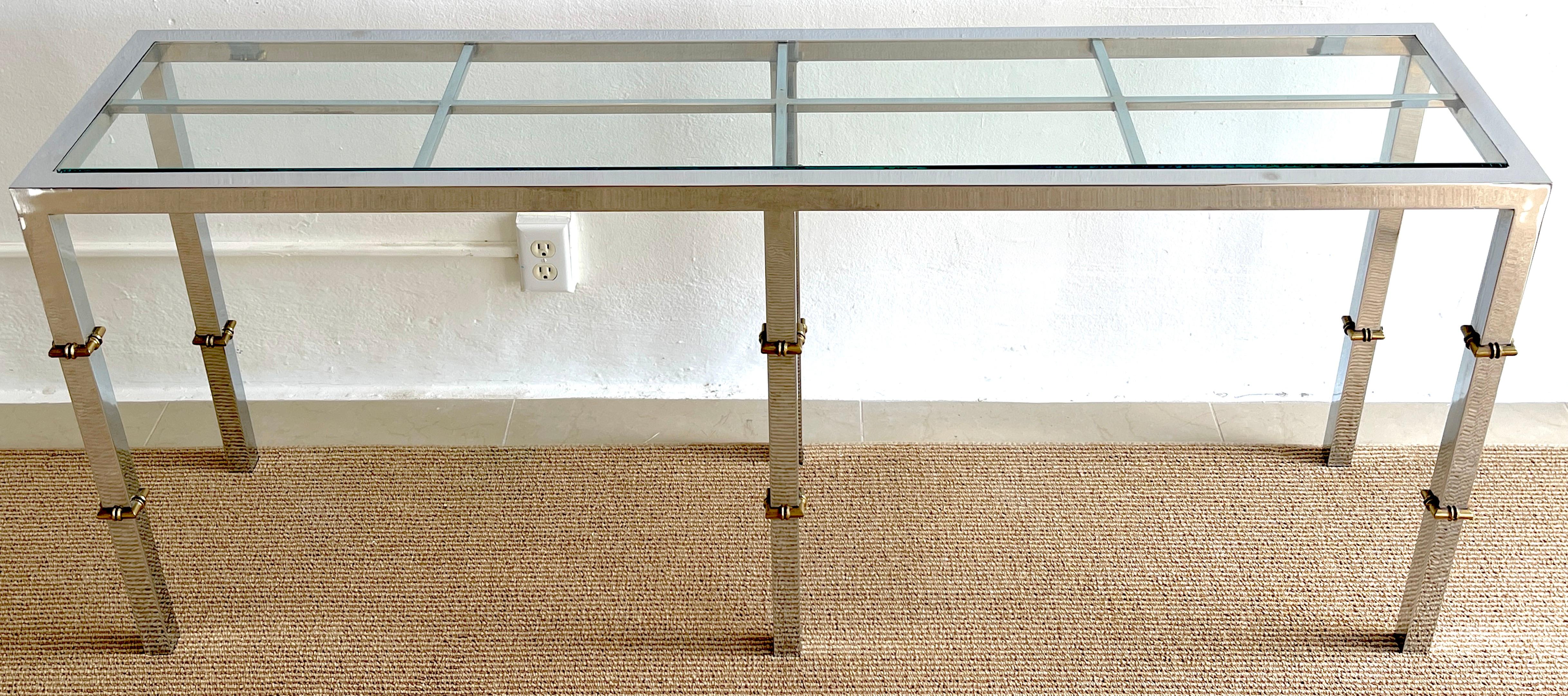 Italian 1970s chrome & glass console with brass faux bamboo mounts, with bright and shiny chrome ( hard to photograph) rectangular frame with trellis top and inset 11