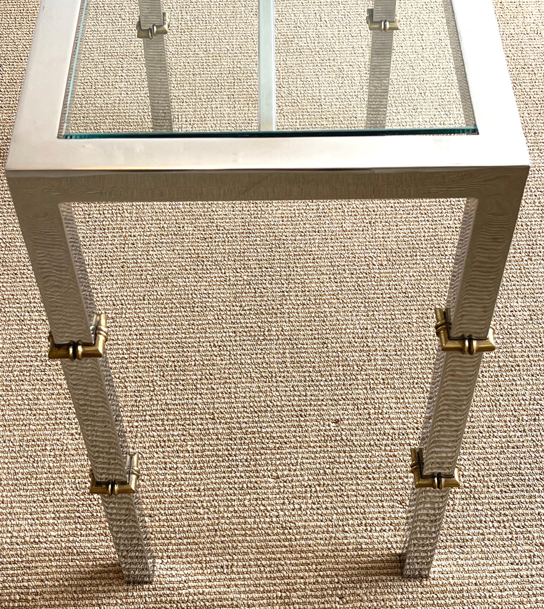 Polished Italian 1970s Chrome & Glass Console with Brass Faux Bamboo Mounts For Sale