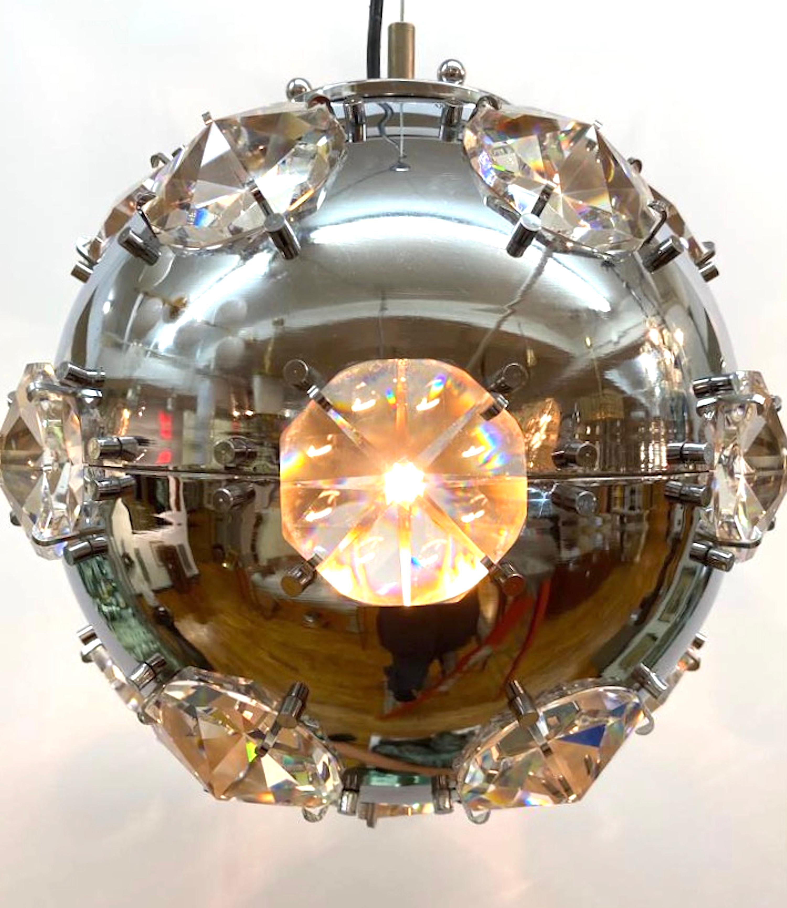 Mid-Century Modern Italian 1970s Chrome Globe & Crystal Pendant Light Manner of Oscar Torlasco For Sale