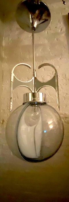 Italian 1970s Chrome with Clear and White Glass Globe Pendant Light