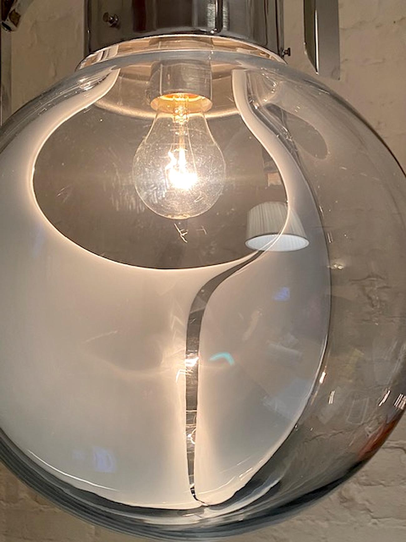 Italian 1970s Chrome with Clear and White Glass Globe Pendant Light In Good Condition For Sale In New York, NY