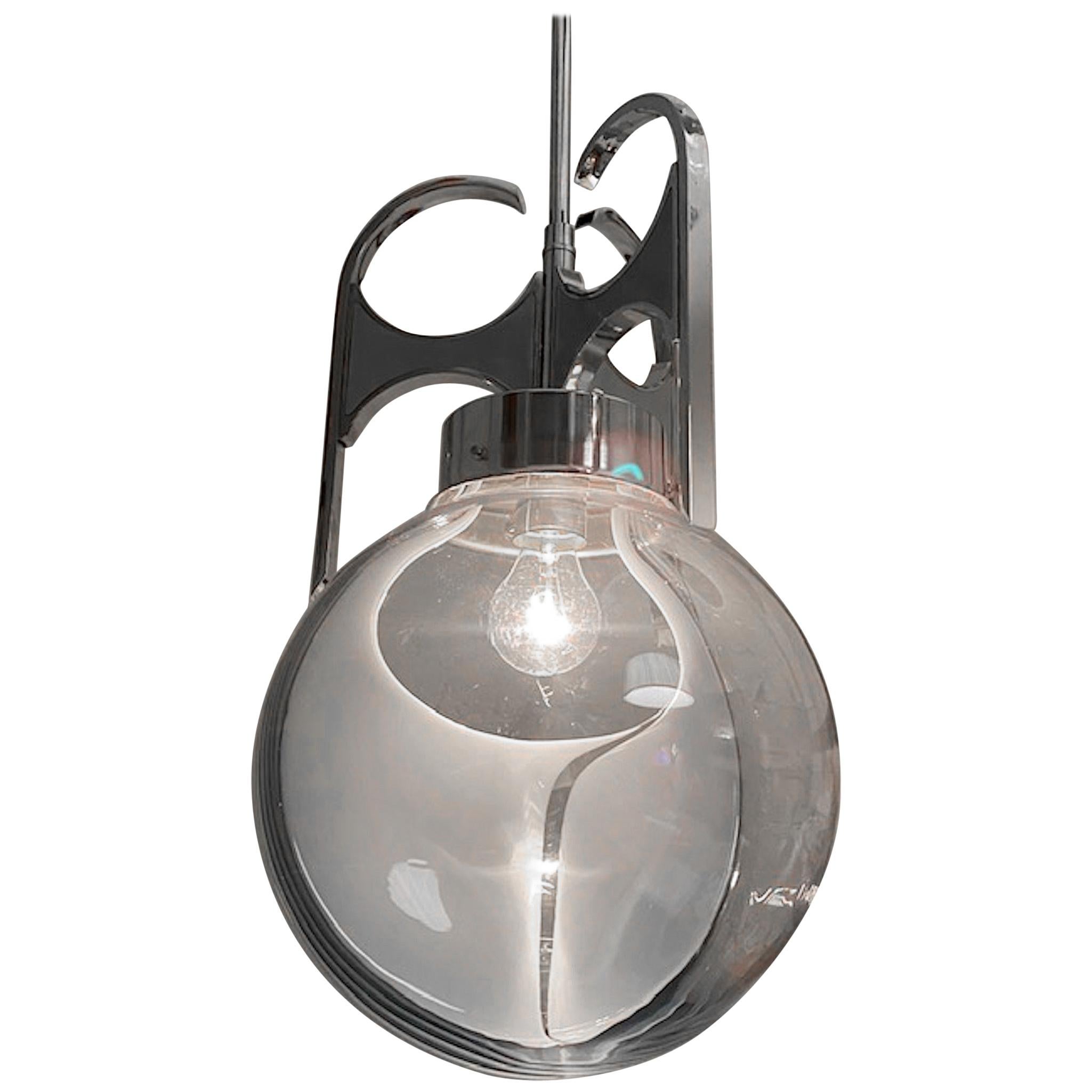 Italian 1970s Chrome with Clear and White Glass Globe Pendant Light For Sale