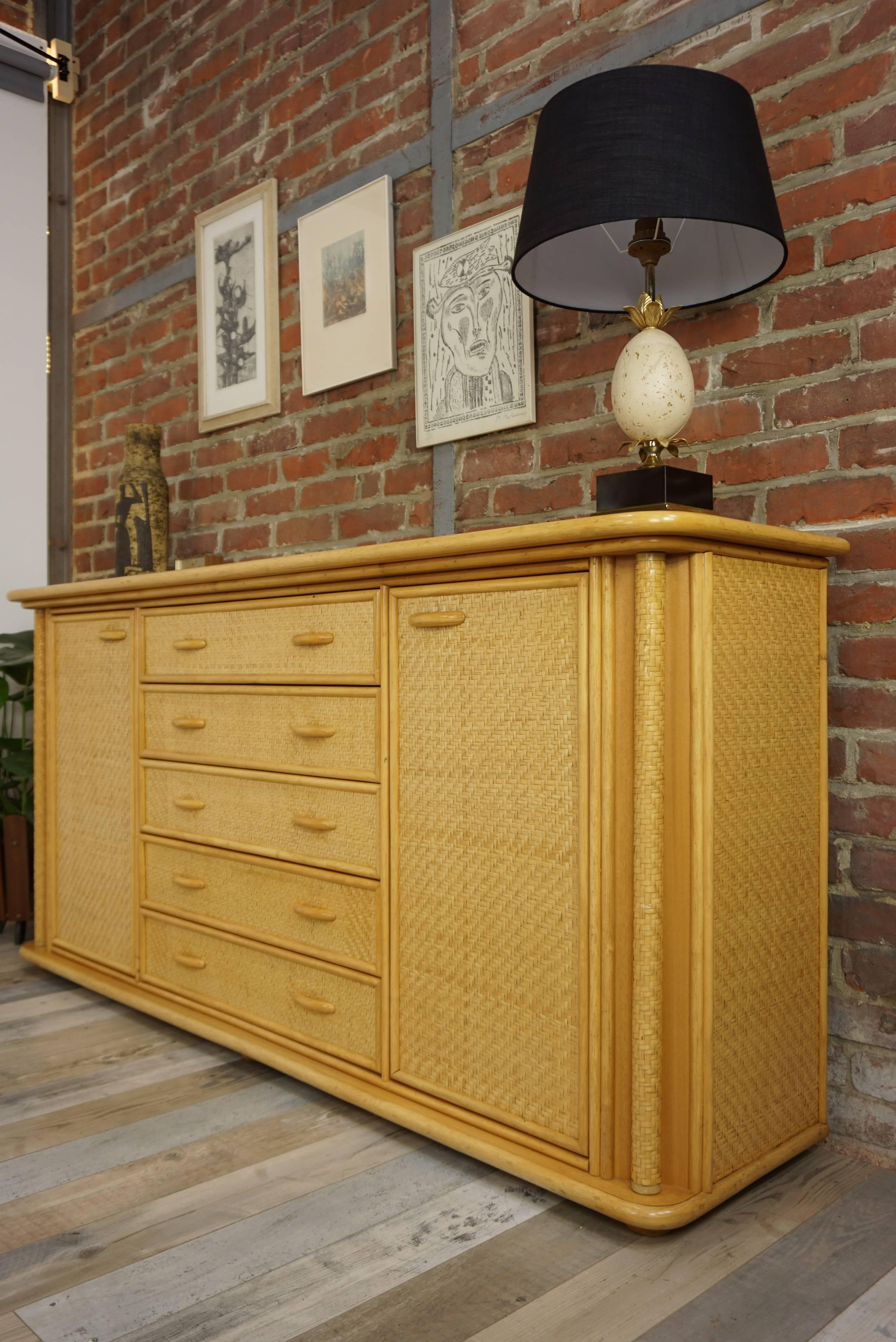 Italian 1970s Design Braided Rattan and Wooden Sideboard 11