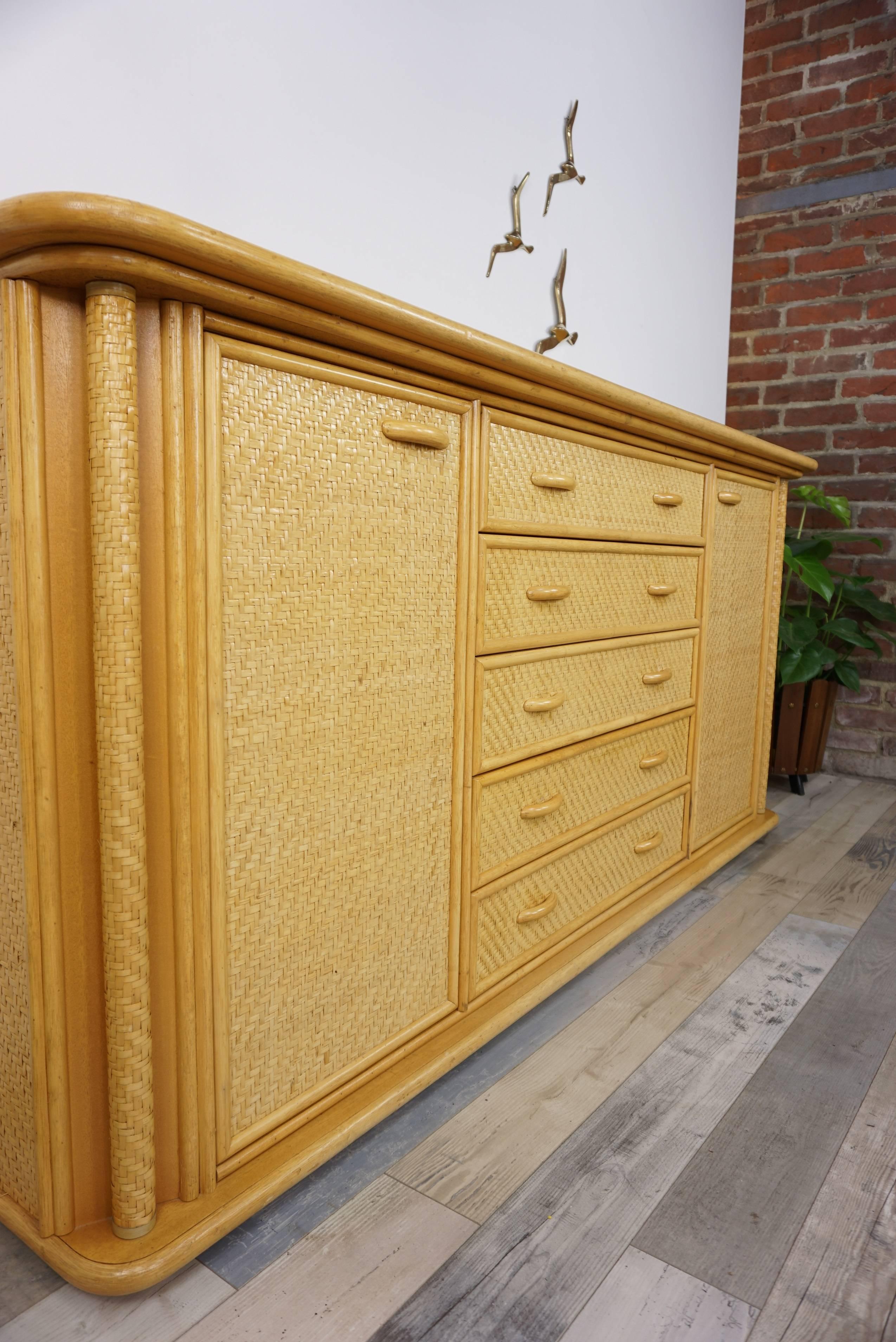 Hollywood Regency Italian 1970s Design Braided Rattan and Wooden Sideboard