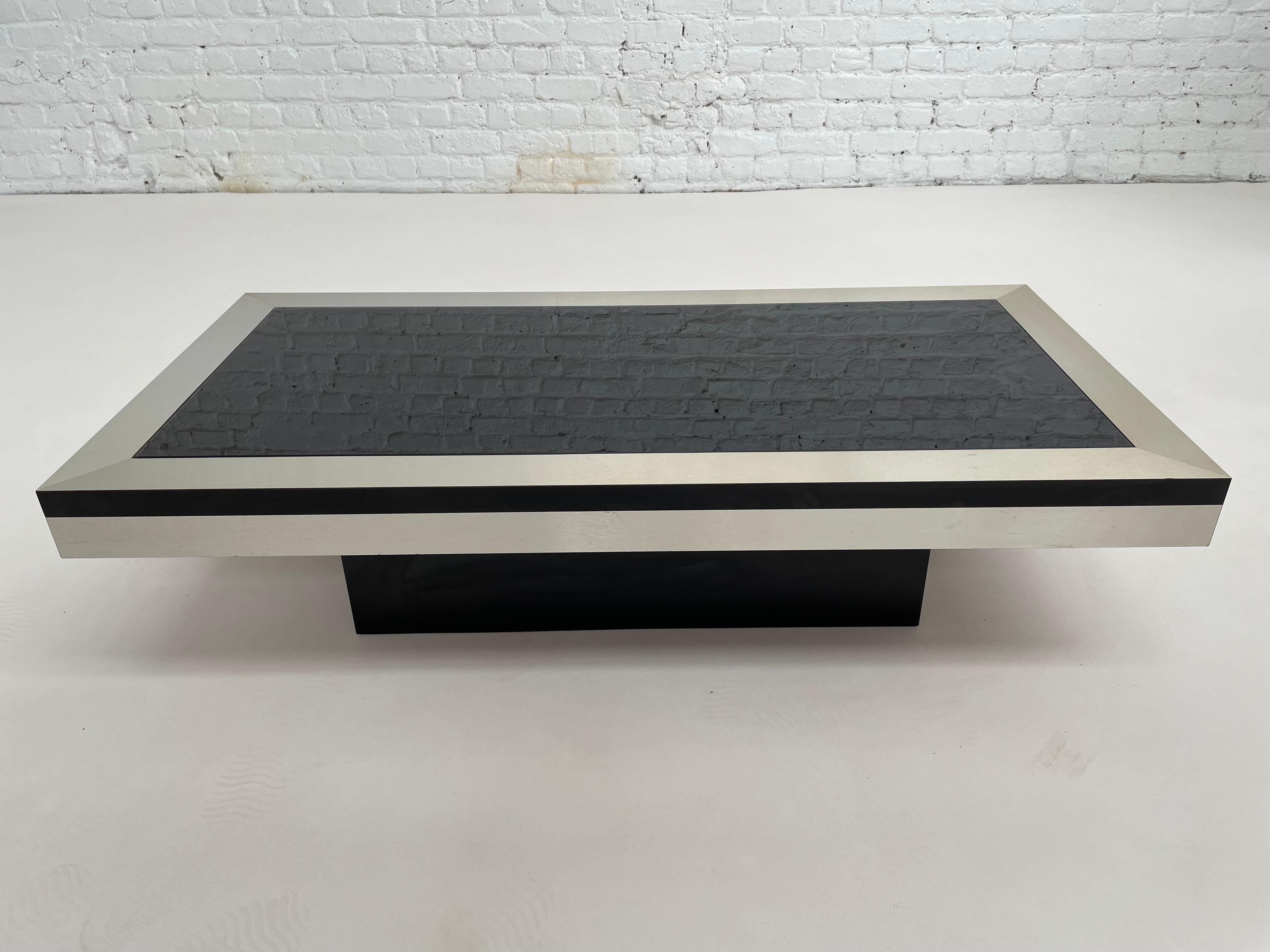 Italian 1970s Design Brushed Metal Black Mirrored Glass Tray Coffee Table 3