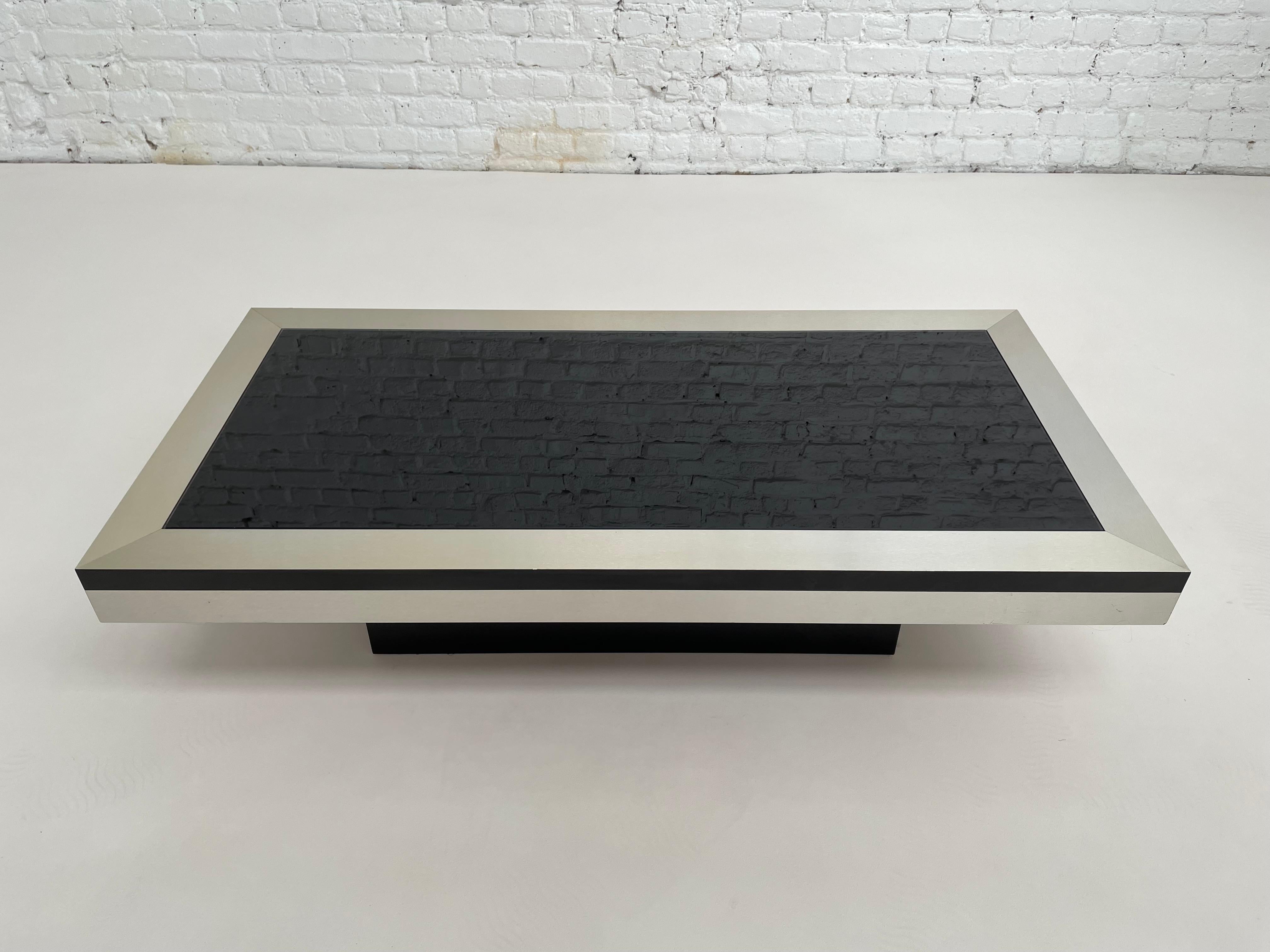 Italian 1970s Design Brushed Metal Black Mirrored Glass Tray Coffee Table 4