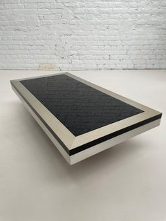 Italian 1970s Design Brushed Metal Black Mirrored Glass Tray Coffee Table