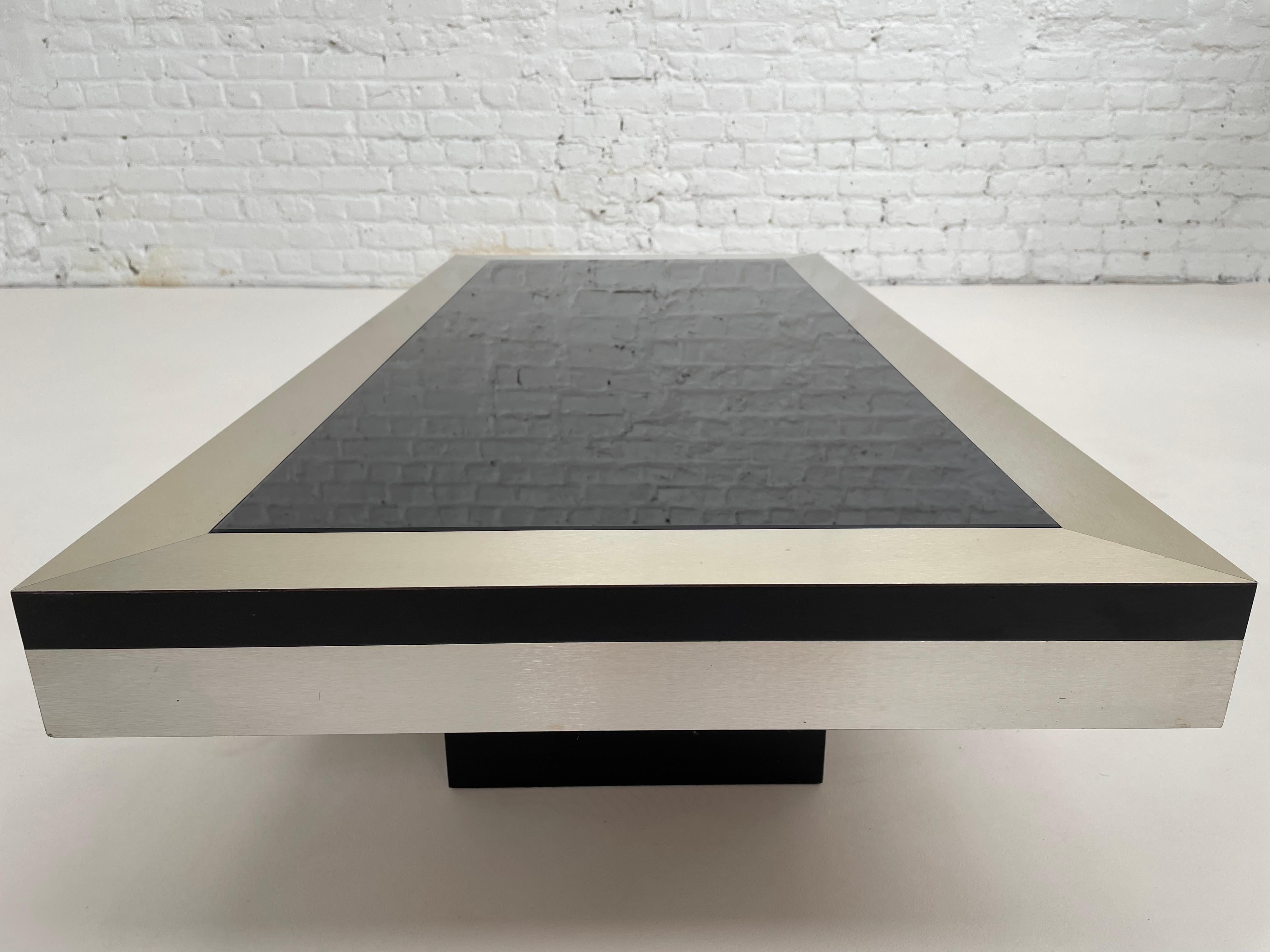 European Italian 1970s Design Brushed Metal Black Mirrored Glass Tray Coffee Table