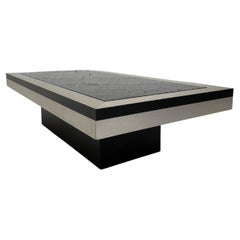 Italian 1970s Design Brushed Metal Black Mirrored Glass Tray Coffee Table