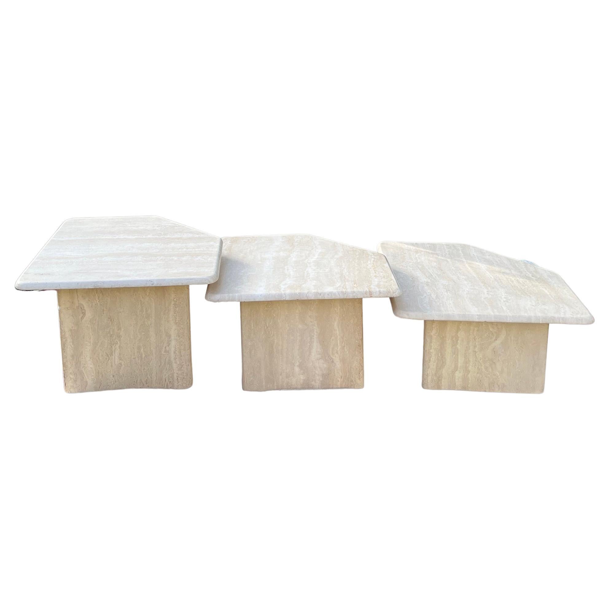Italian 1970s Set of 3 Cream Travertine Nesting Coffee Cocktail Tables For Sale