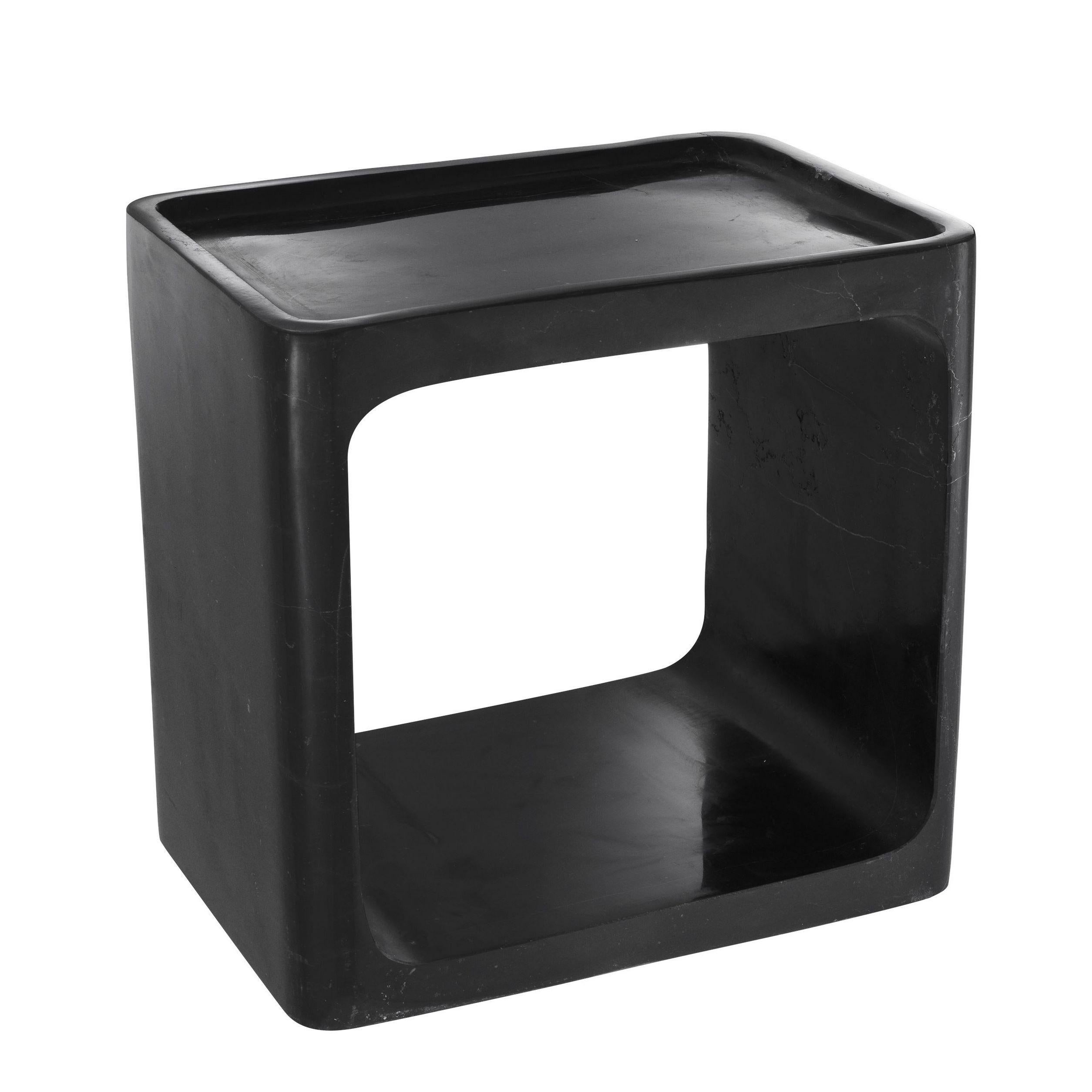 Graphic and Italian 1970s design style side table in solid black marble.