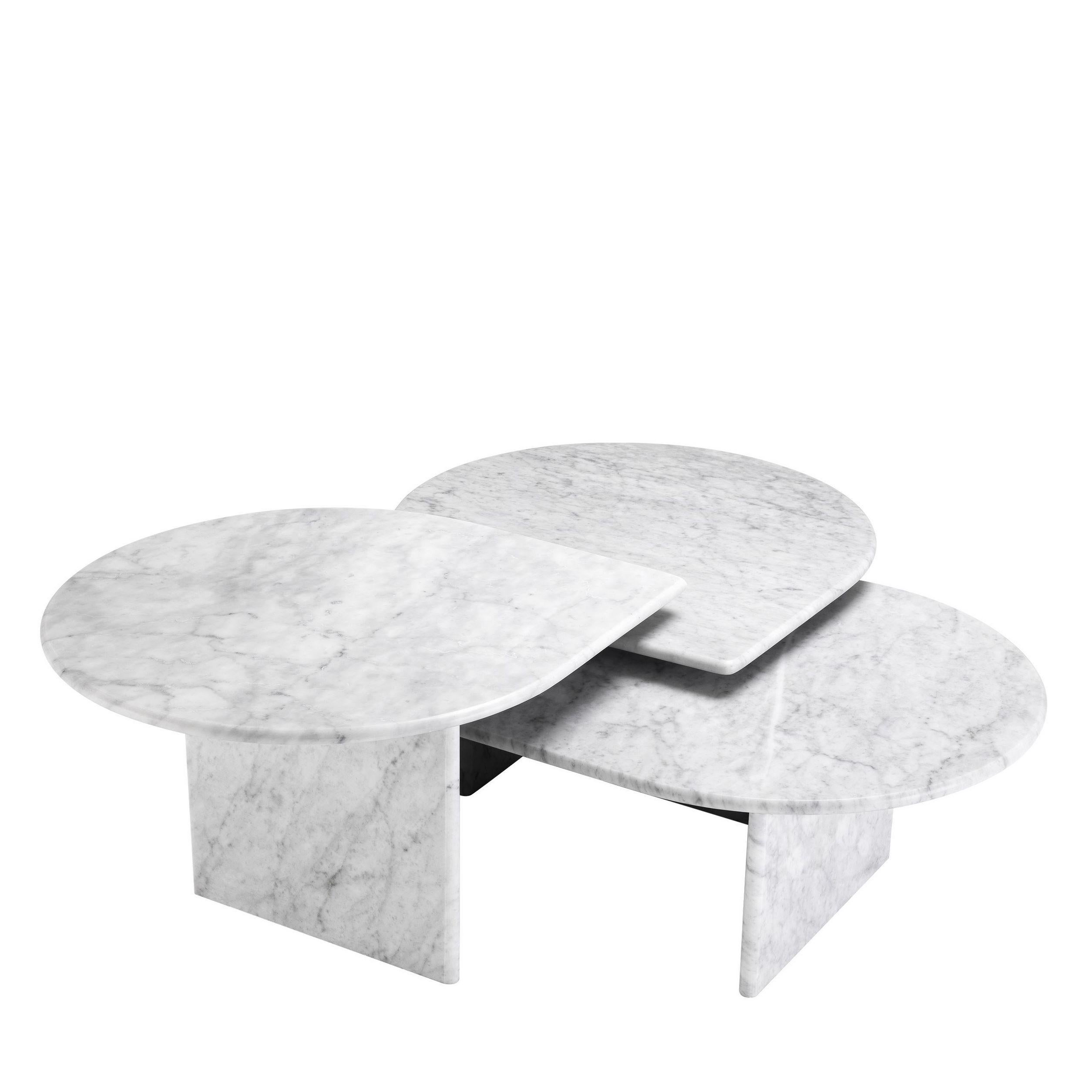 Graphic and Italian 1970s design style set of three coffee or nesting tables in white marble material and drop shaped.

  