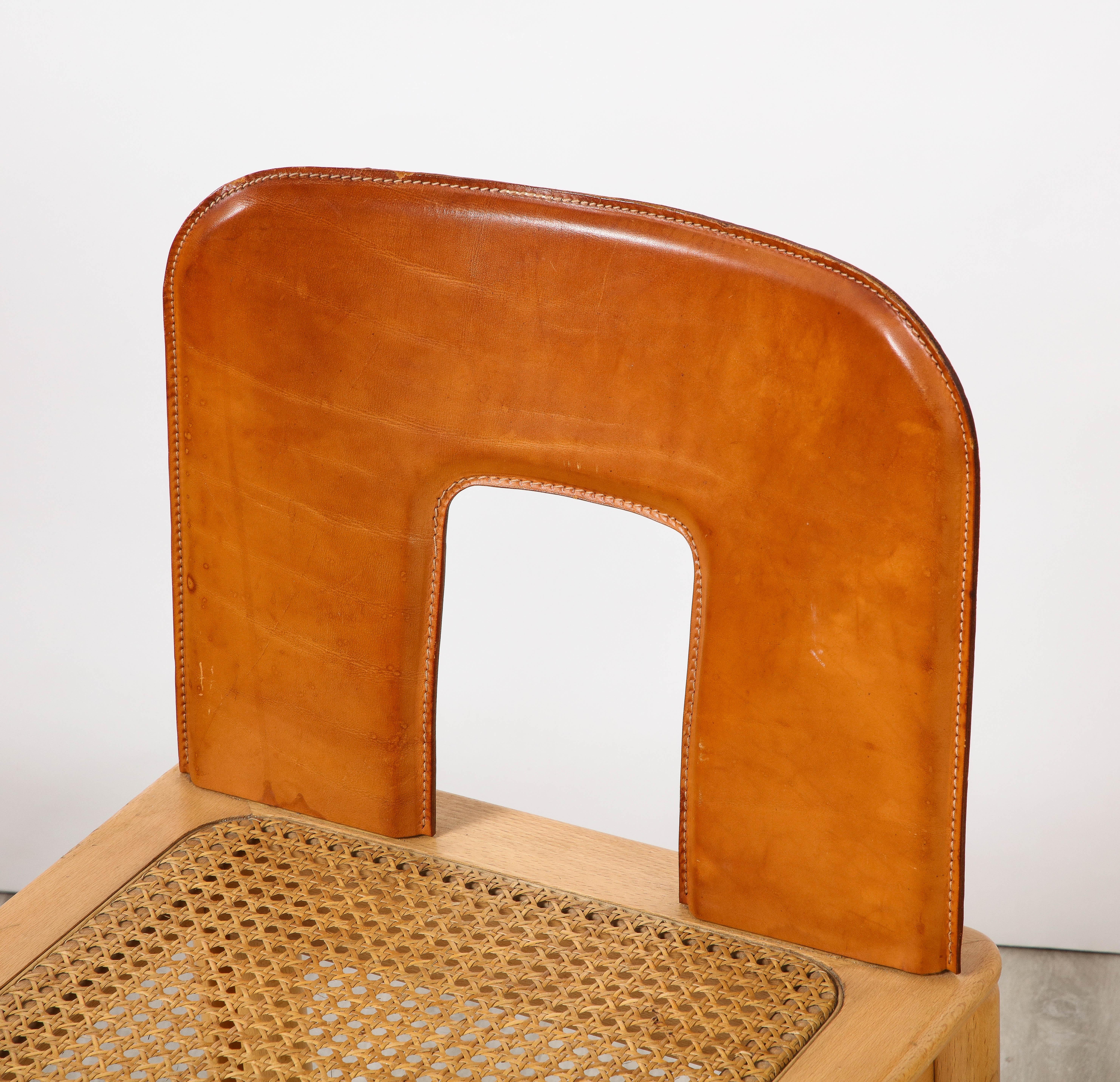 Italian 1970's Dining Chairs with Leather, Wood, Cane Seats, Italy, circa 1970 For Sale 4