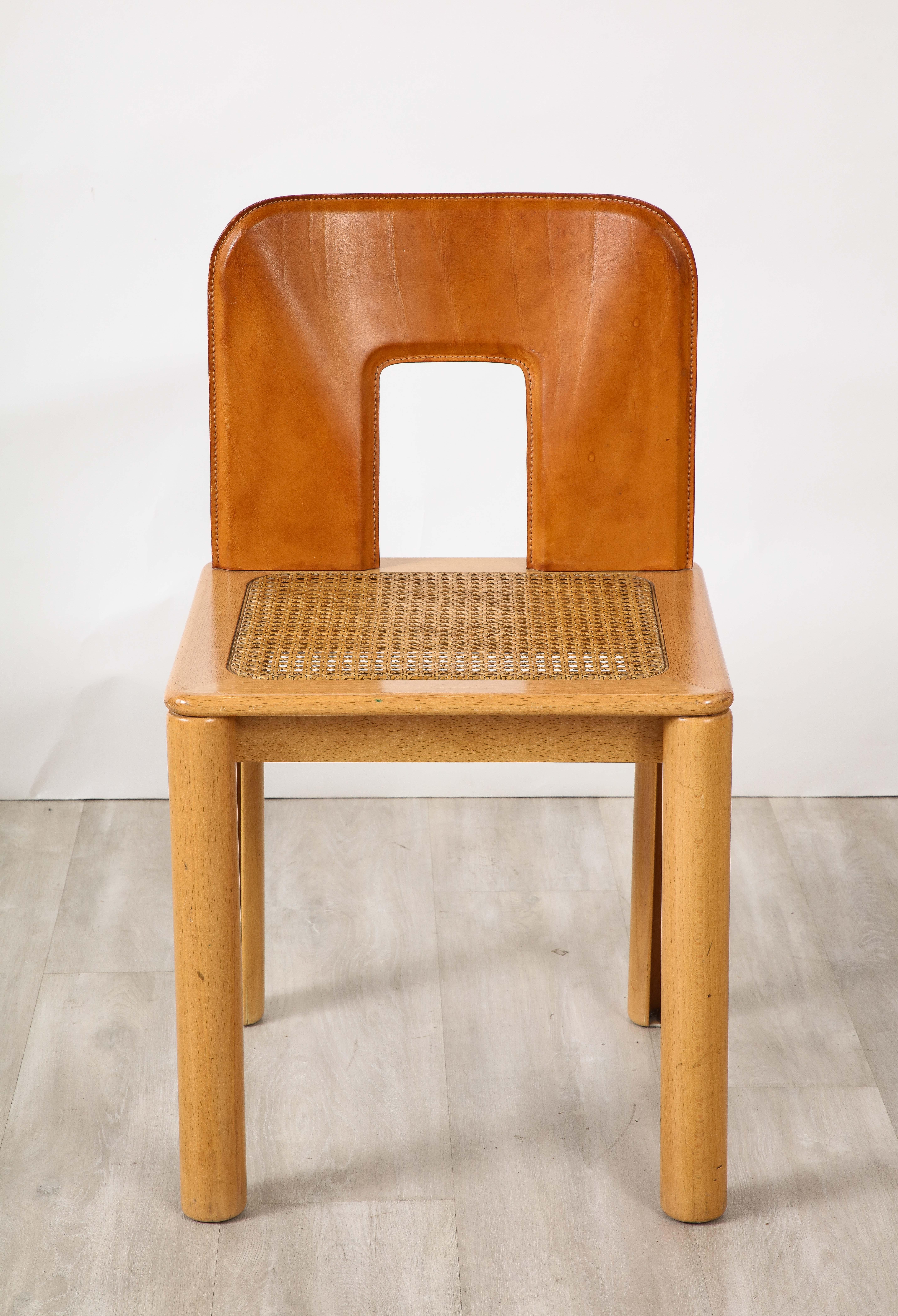 Italian 1970's Dining Chairs with Leather, Wood, Cane Seats, Italy, circa 1970 For Sale 6
