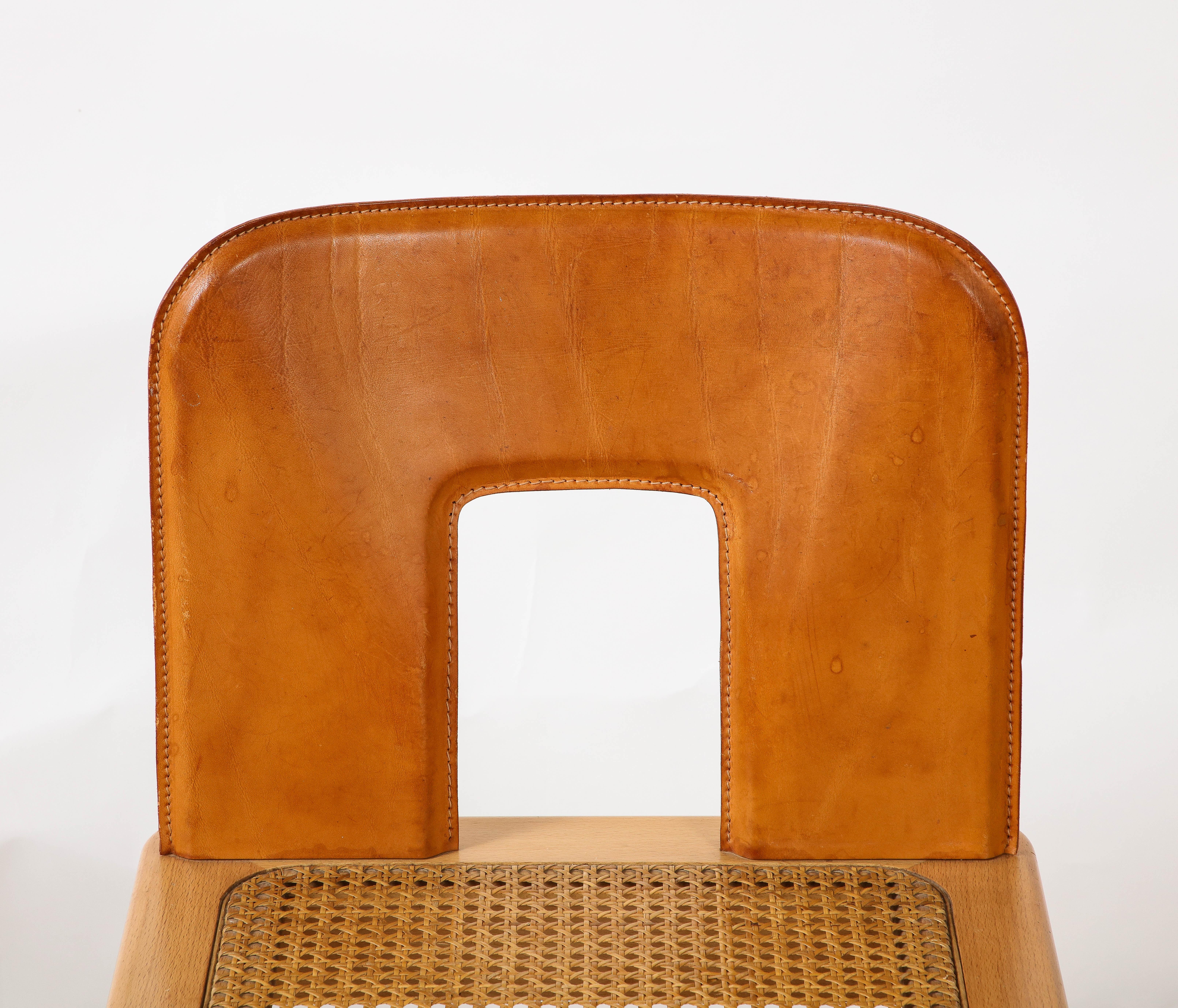Italian 1970's Dining Chairs with Leather, Wood, Cane Seats, Italy, circa 1970 For Sale 7