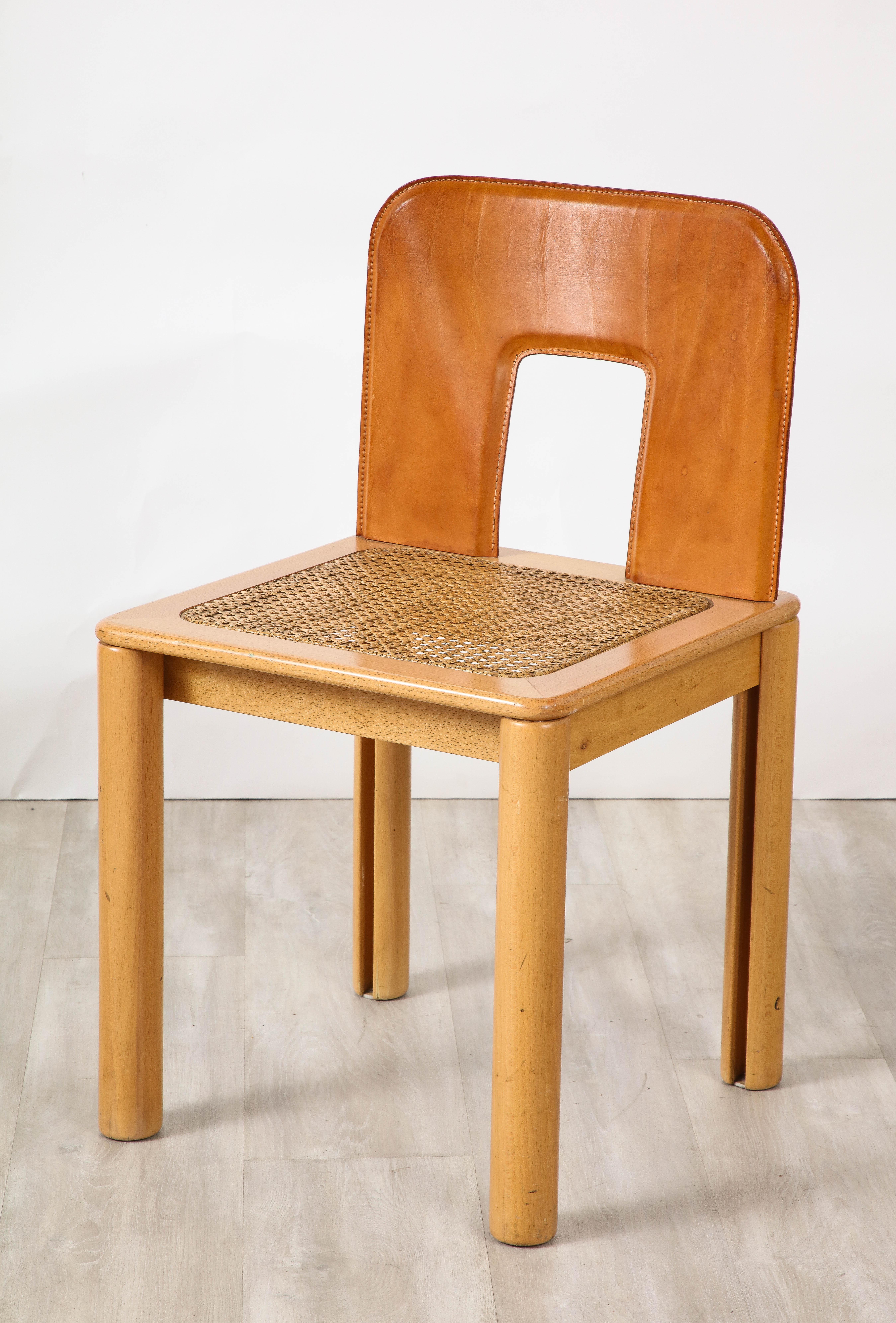 Italian 1970's Dining Chairs with Leather, Wood, Cane Seats, Italy, circa 1970 For Sale 8